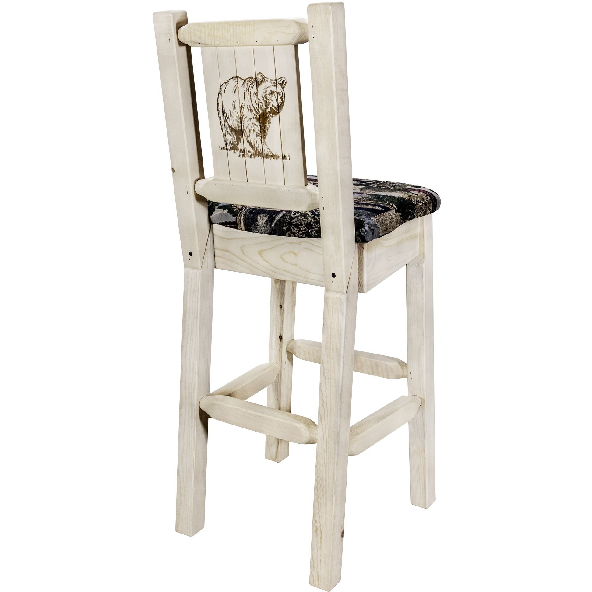 Homestead Collection Barstool w/ Back - Woodland Upholstery, w/ Laser Engraved Bear Design, Clear Lacquer Finish