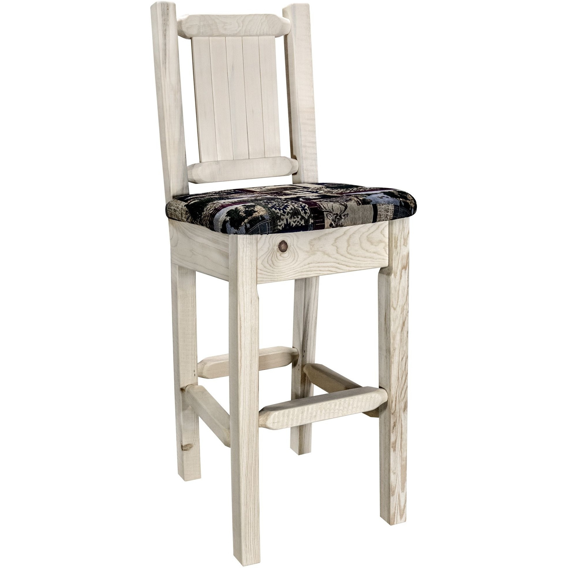 Homestead Collection Barstool w/ Back - Woodland Upholstery, w/ Laser Engraved Bear Design, Clear Lacquer Finish