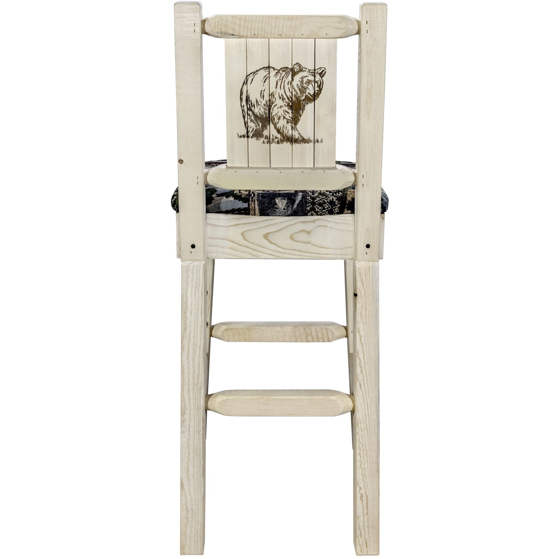 Homestead Collection Barstool w/ Back - Woodland Upholstery, w/ Laser Engraved Bear Design, Clear Lacquer Finish