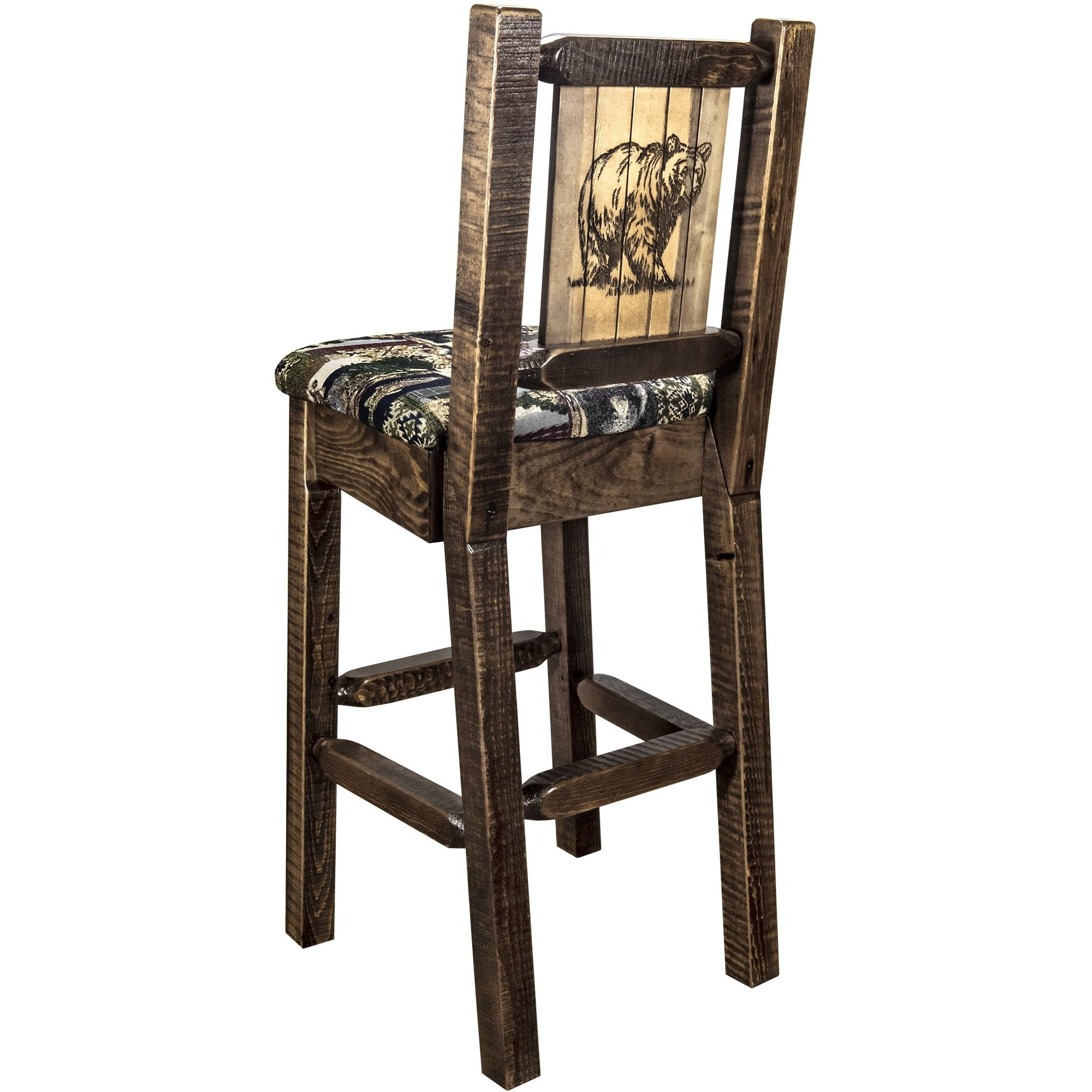 Homestead Collection Barstool w/ Back - Woodland Upholstery, w/ Laser Engraved Bear Design, Stain & Lacquer Finish