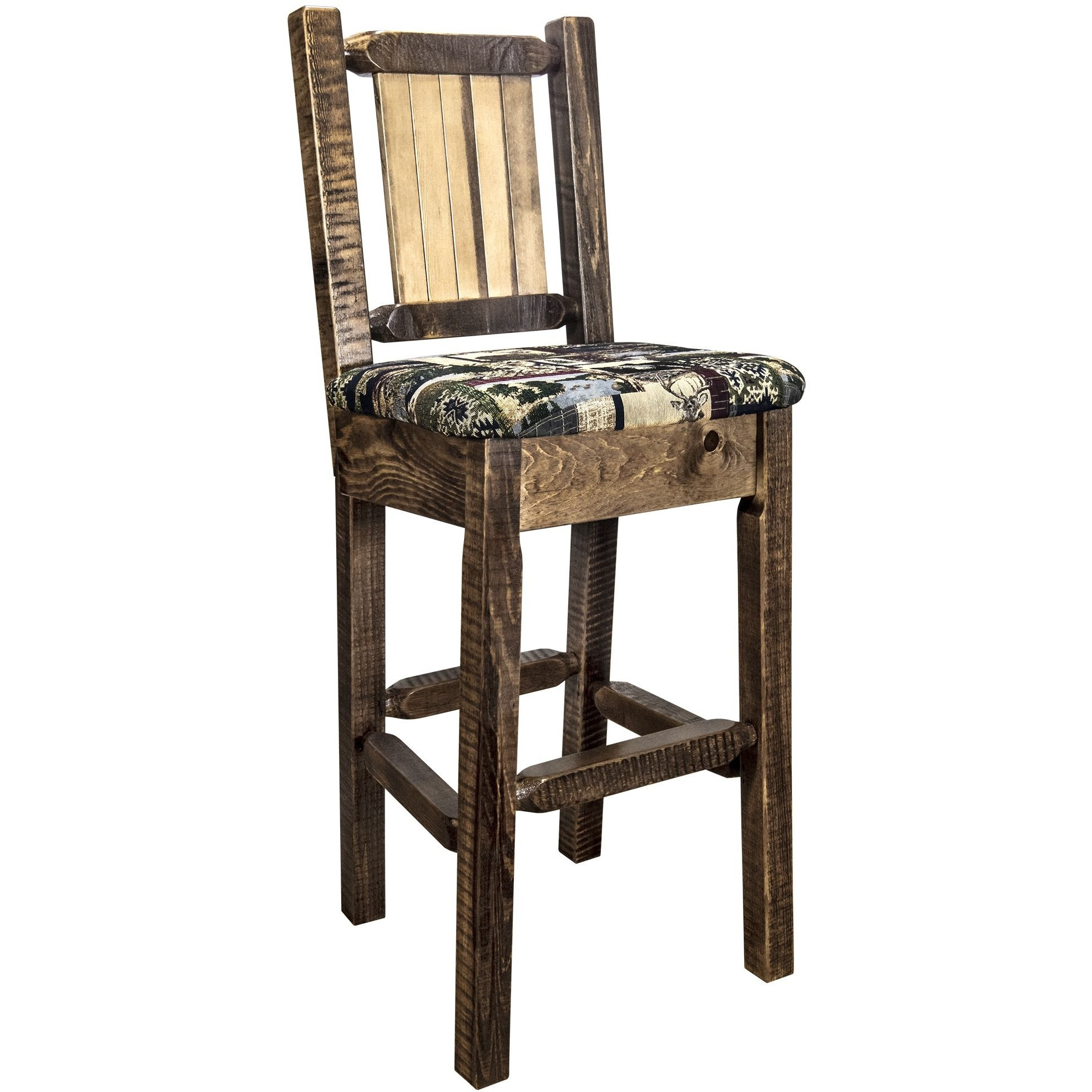 Homestead Collection Barstool w/ Back - Woodland Upholstery, w/ Laser Engraved Bear Design, Stain & Lacquer Finish