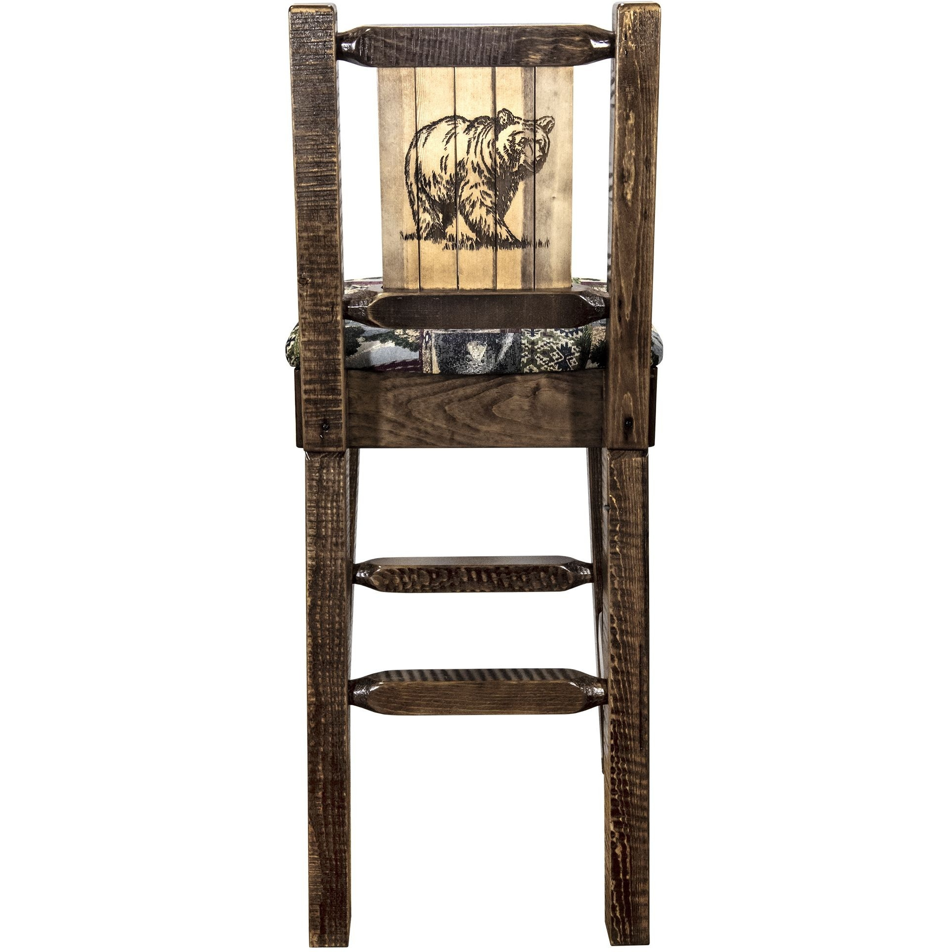 Homestead Collection Barstool w/ Back - Woodland Upholstery, w/ Laser Engraved Bear Design, Stain & Lacquer Finish
