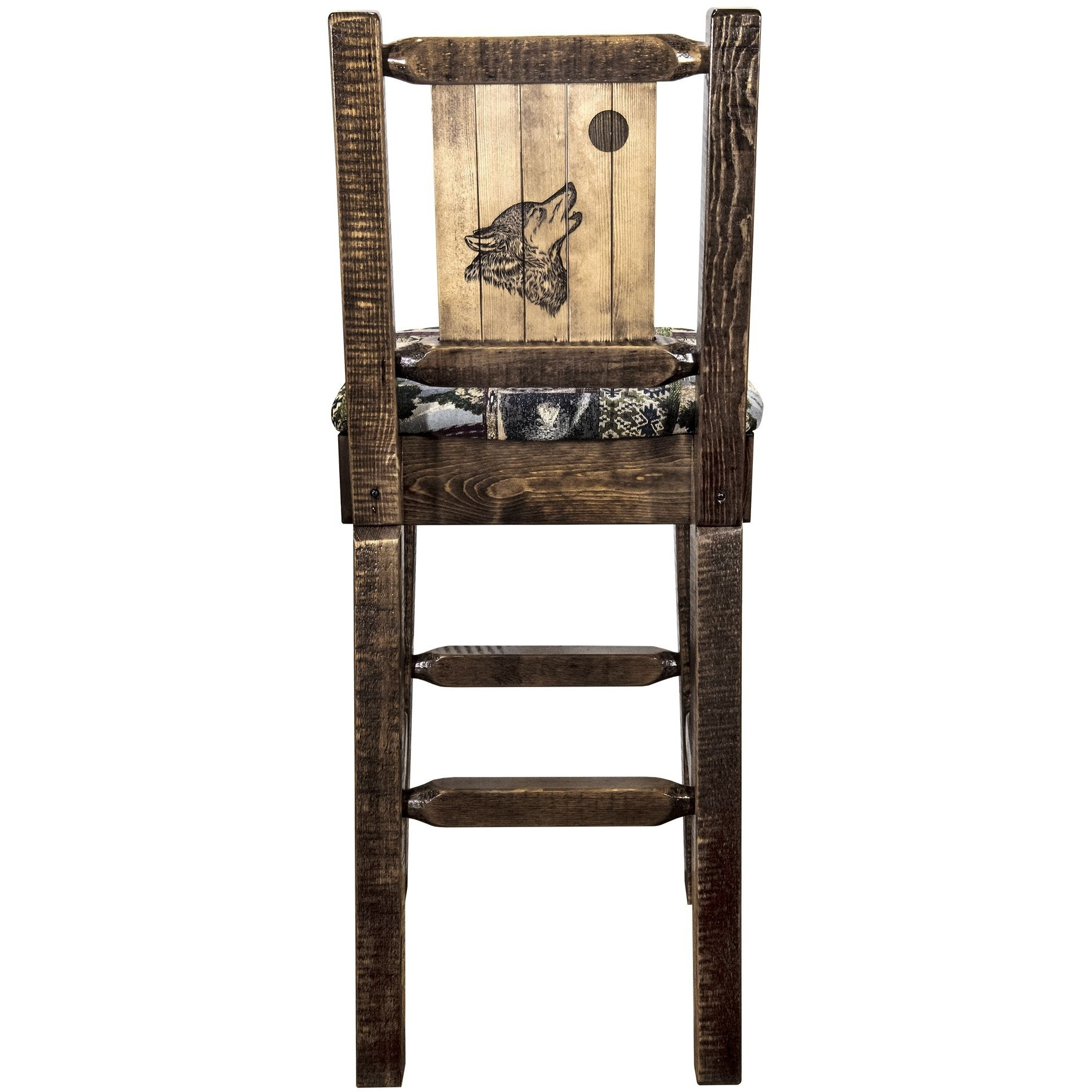 Homestead Collection Barstool w/ Back - Woodland Upholstery, w/ Laser Engraved Wolf Design, Stain & Lacquer Finish
