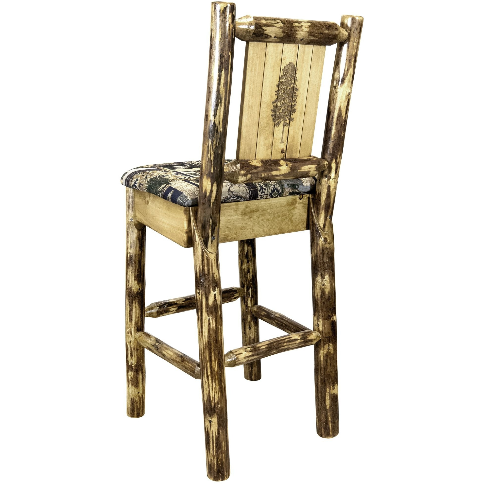 Glacier Country Collection Counter Height Barstool w/ Back - Woodland Upholstery, w/ Laser Engraved Pine Tree Design