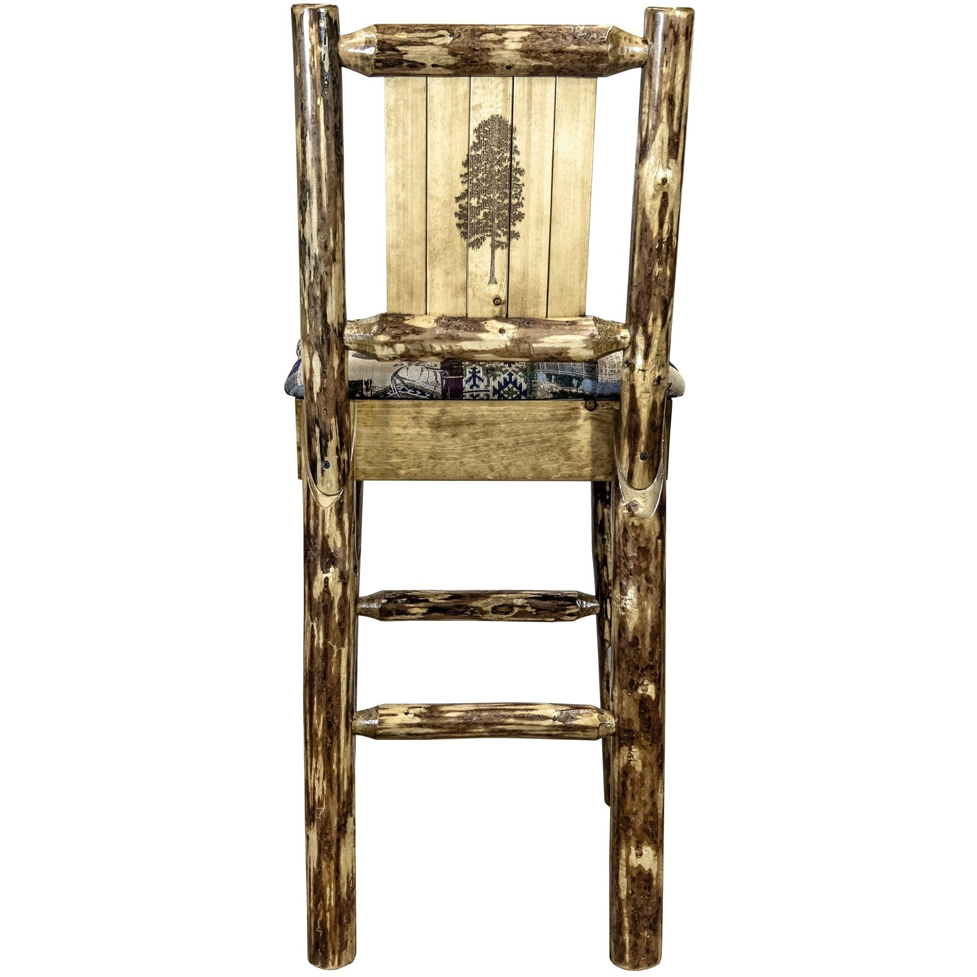 Glacier Country Collection Counter Height Barstool w/ Back - Woodland Upholstery, w/ Laser Engraved Pine Tree Design