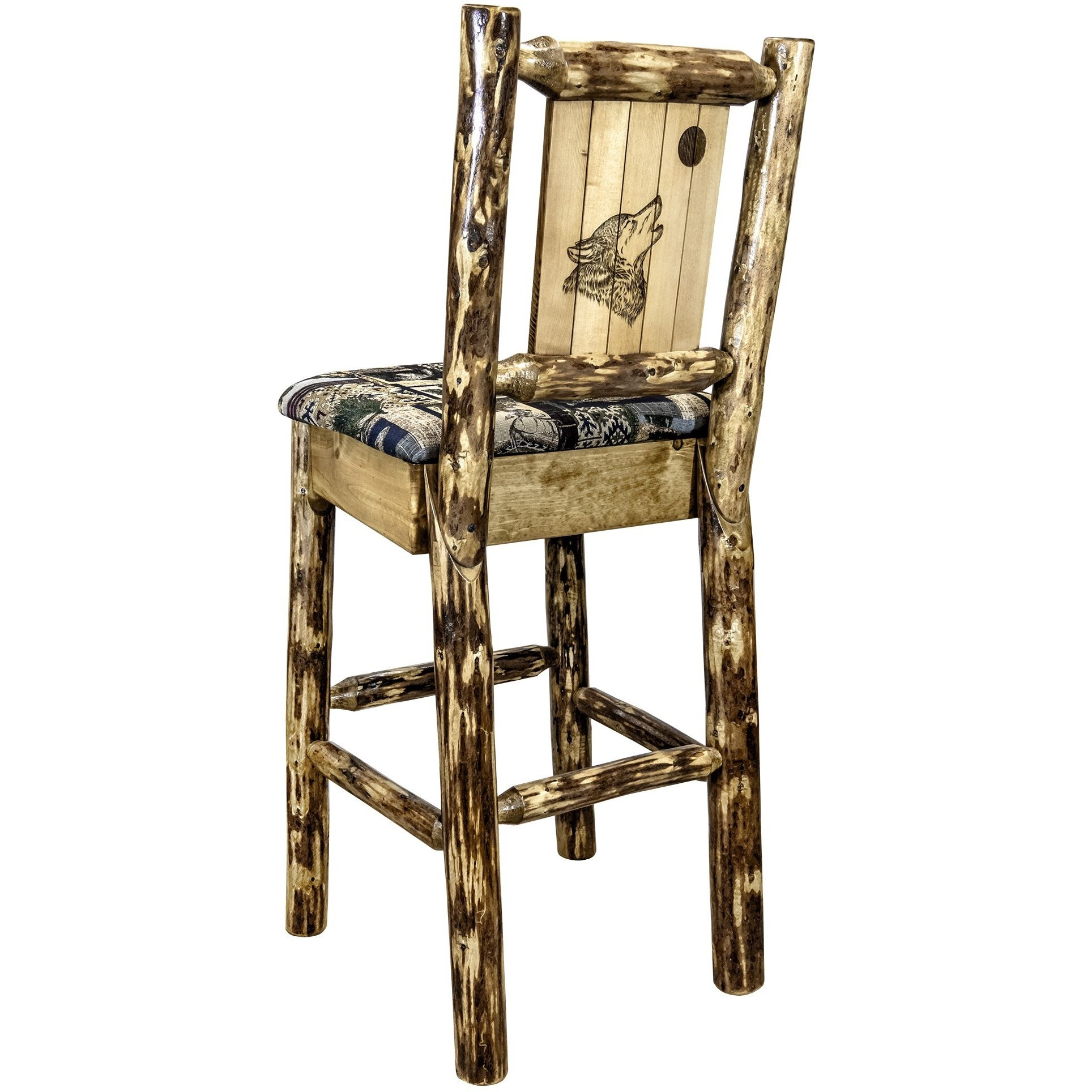 Glacier Country Collection Counter Height Barstool w/ Back - Woodland Upholstery, w/ Laser Engraved Wolf Design