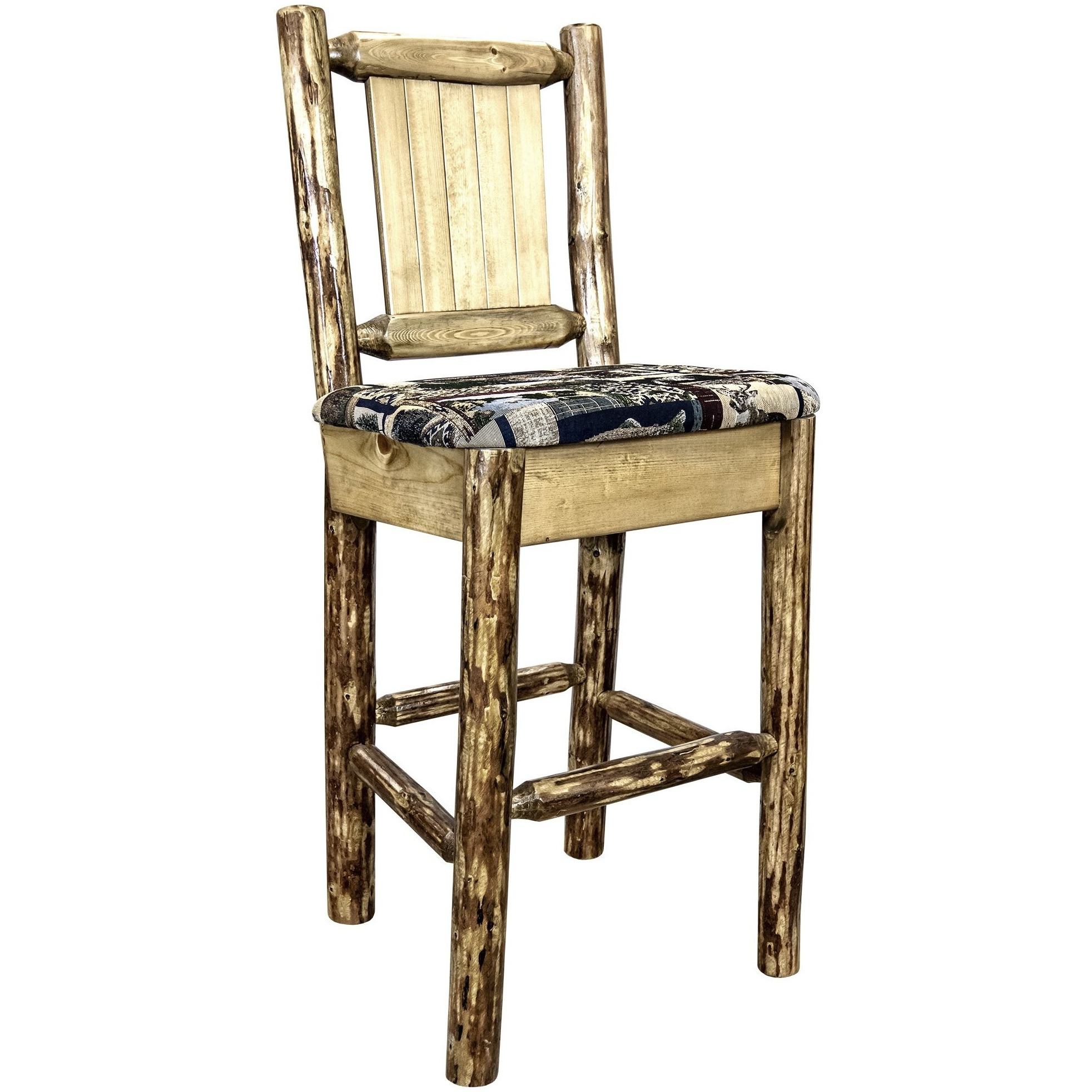 Glacier Country Collection Counter Height Barstool w/ Back - Woodland Upholstery, w/ Laser Engraved Wolf Design