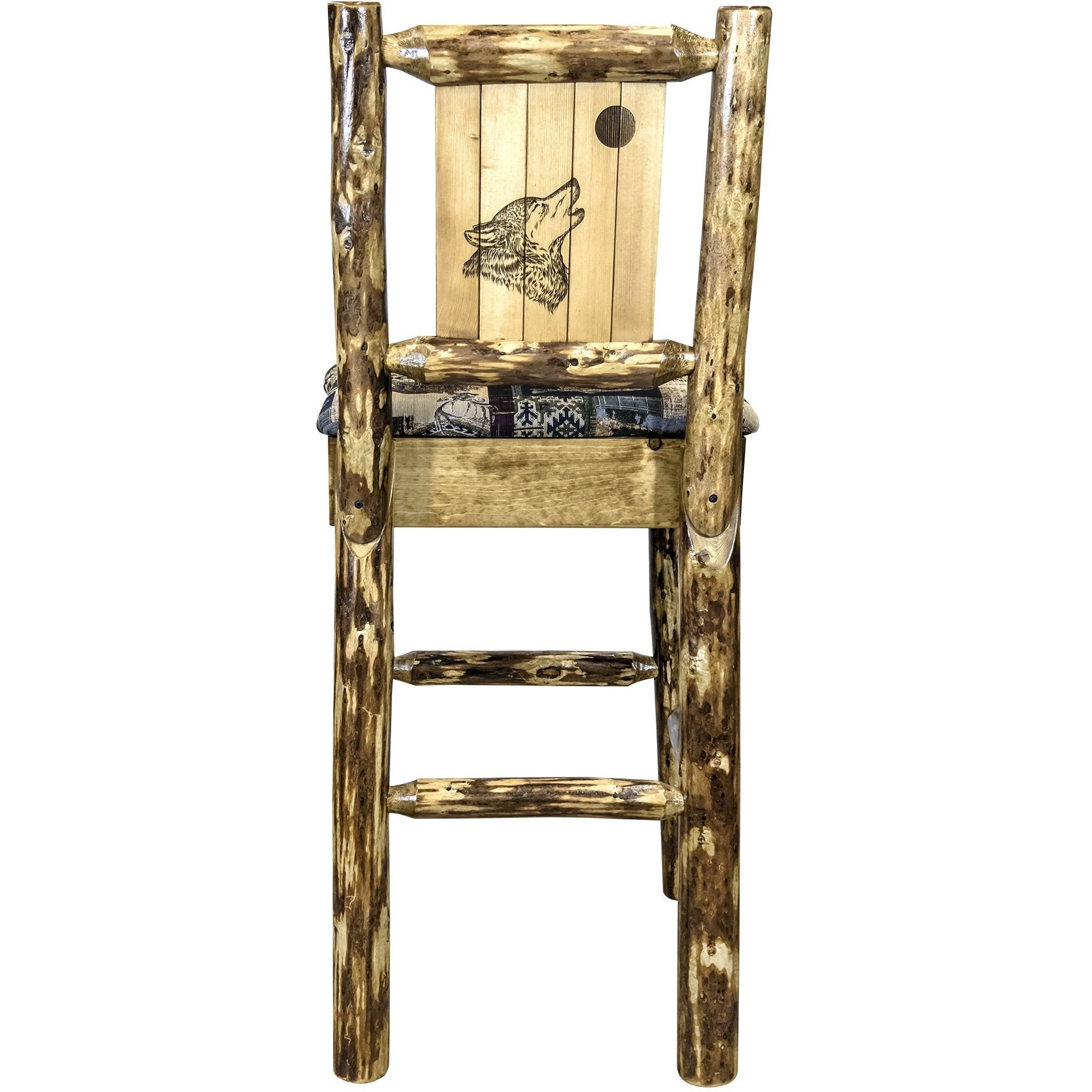 Glacier Country Collection Counter Height Barstool w/ Back - Woodland Upholstery, w/ Laser Engraved Wolf Design