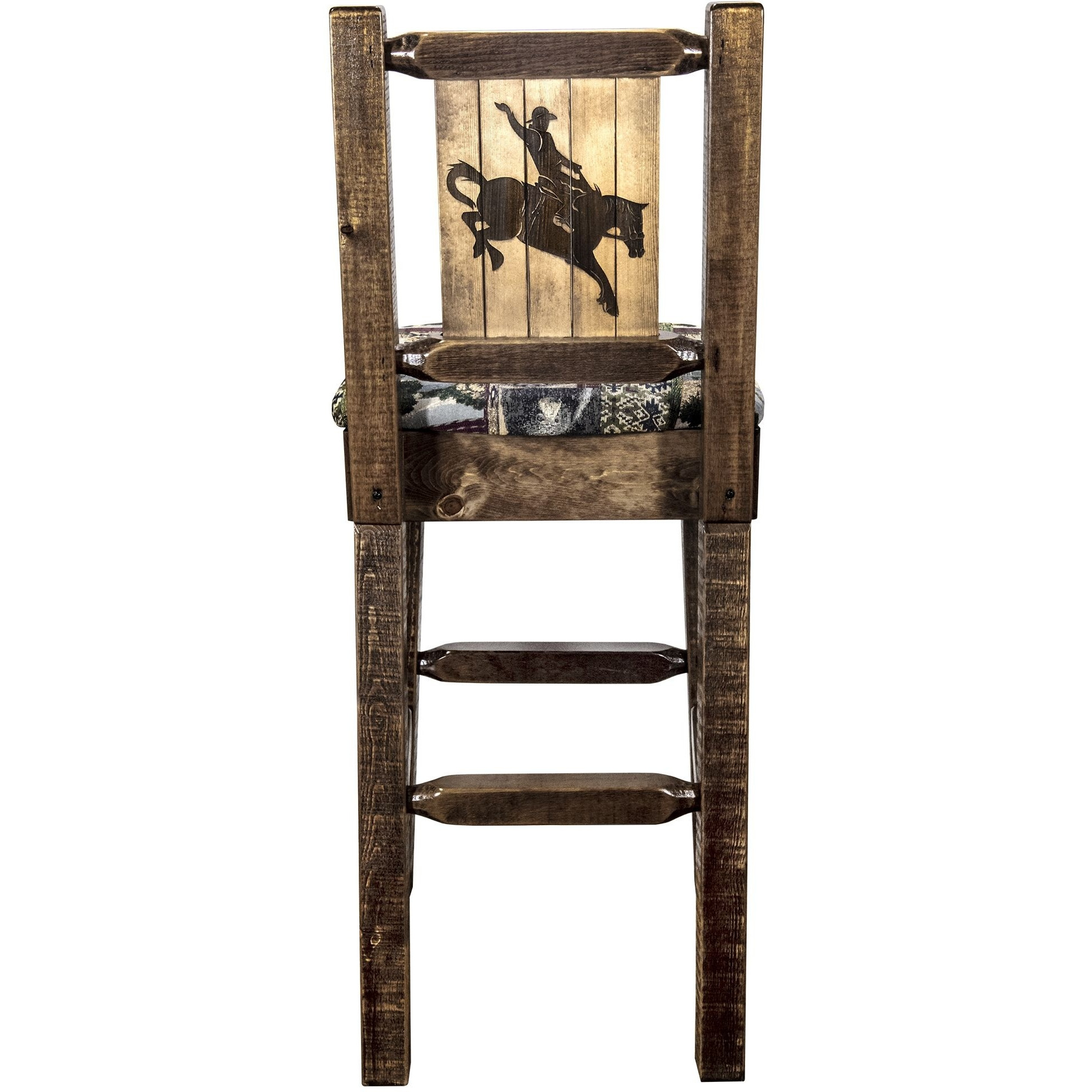 Homestead Collection Counter Height Barstool w/ Back - Woodland Upholstery, w/ Laser Engraved Bronc Design