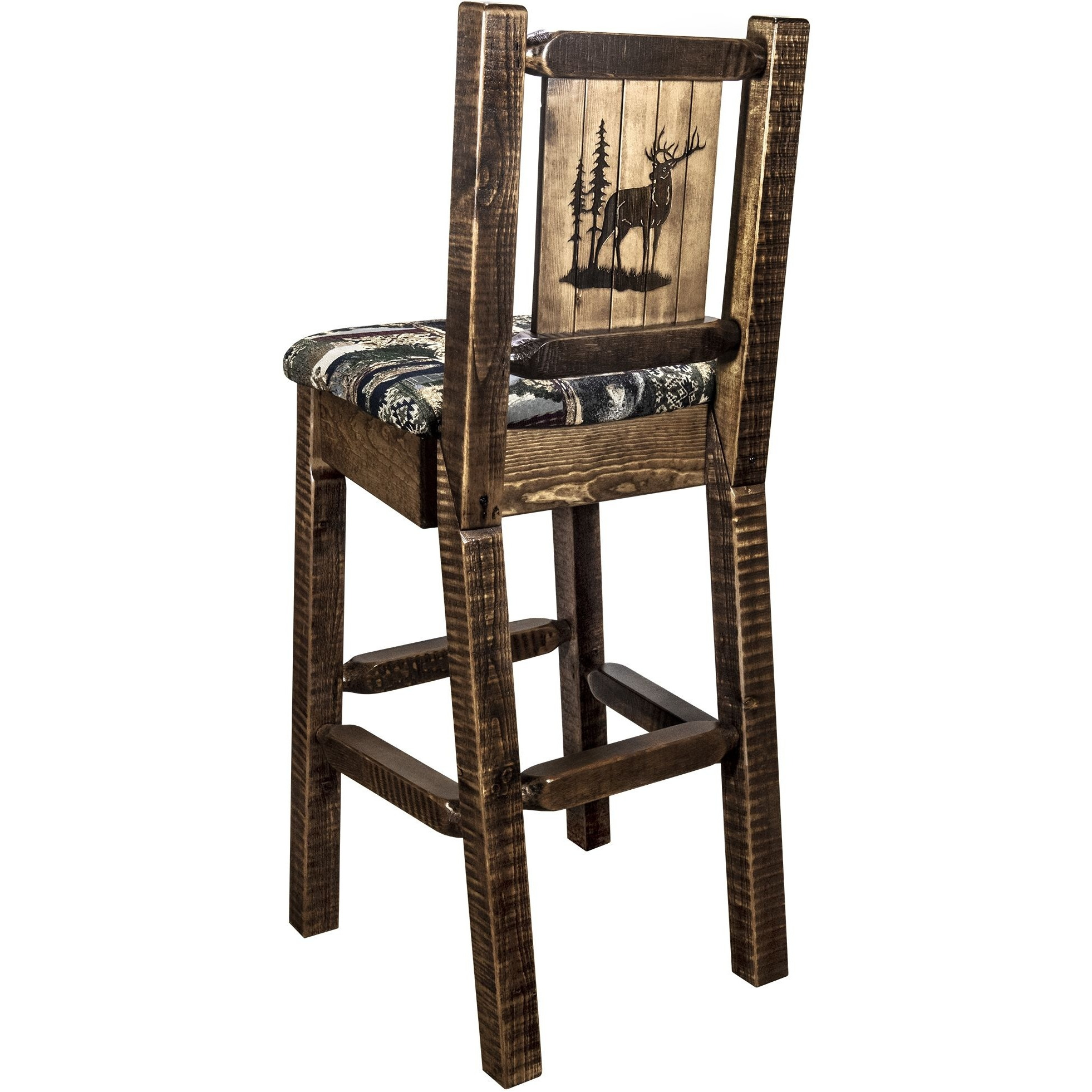 Homestead Collection Counter Height Barstool w/ Back - Woodland Upholstery, w/ Laser Engraved Elk Design