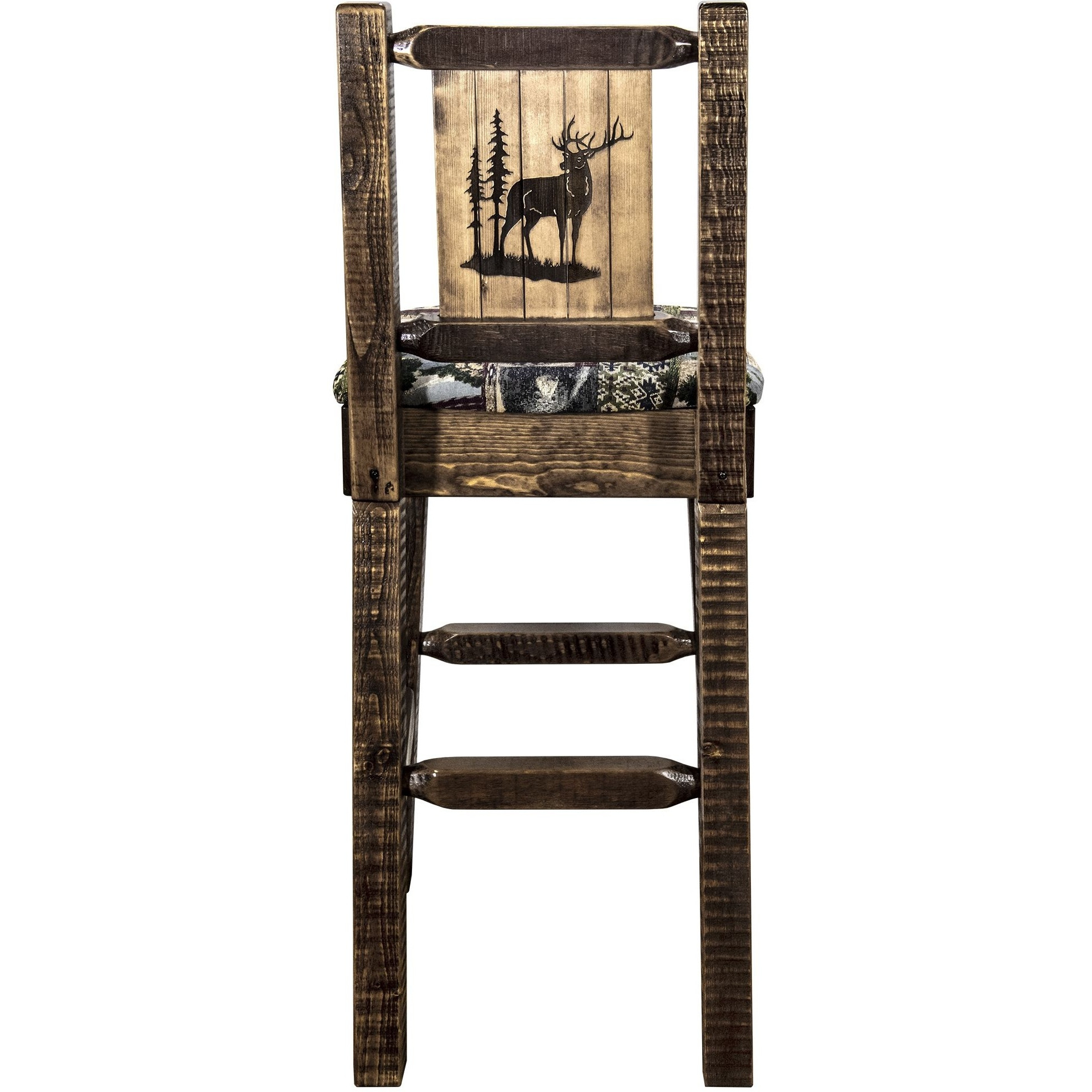 Homestead Collection Counter Height Barstool w/ Back - Woodland Upholstery, w/ Laser Engraved Elk Design