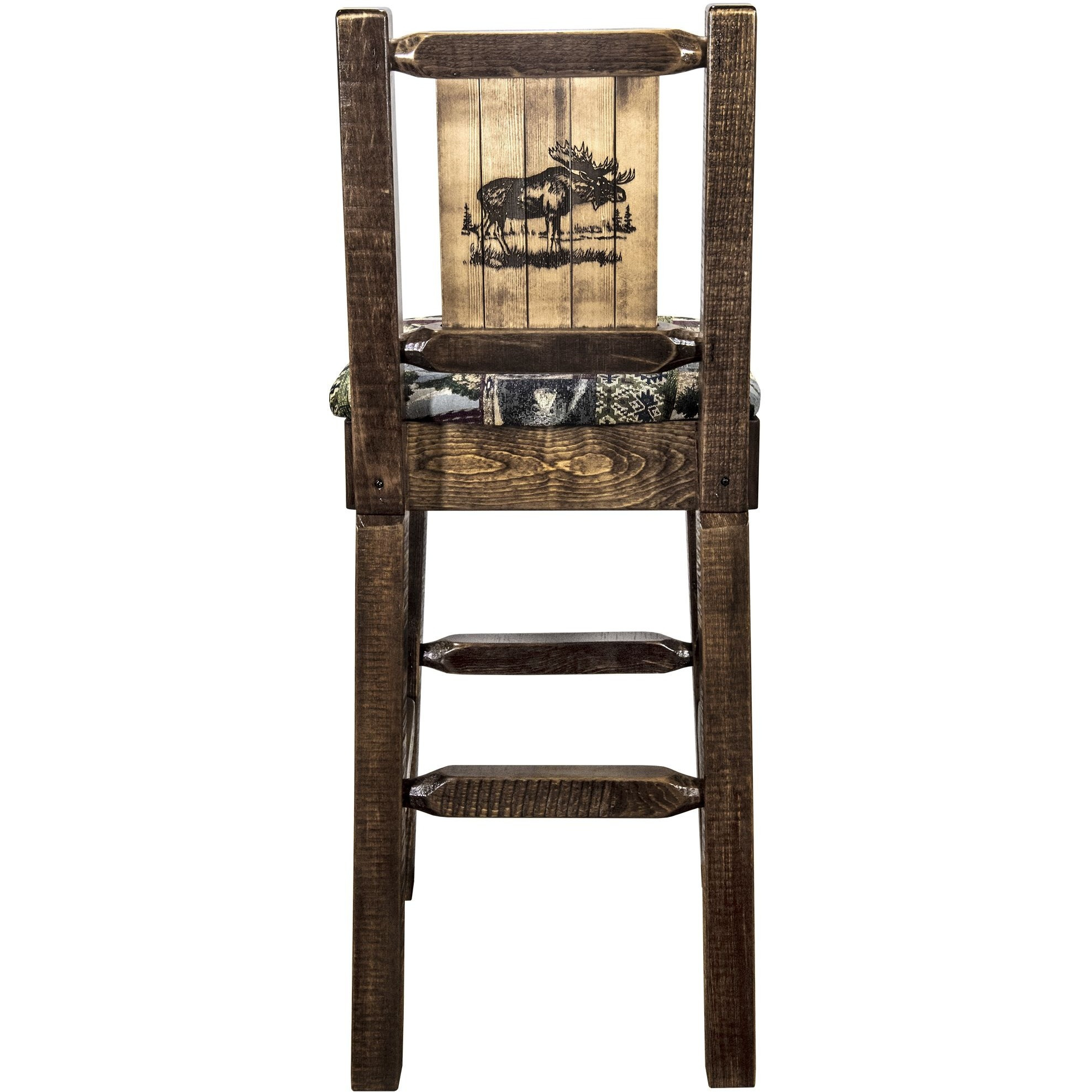 Homestead Collection Counter Height Barstool w/ Back - Woodland Upholstery, w/ Laser Engraved Moose Design