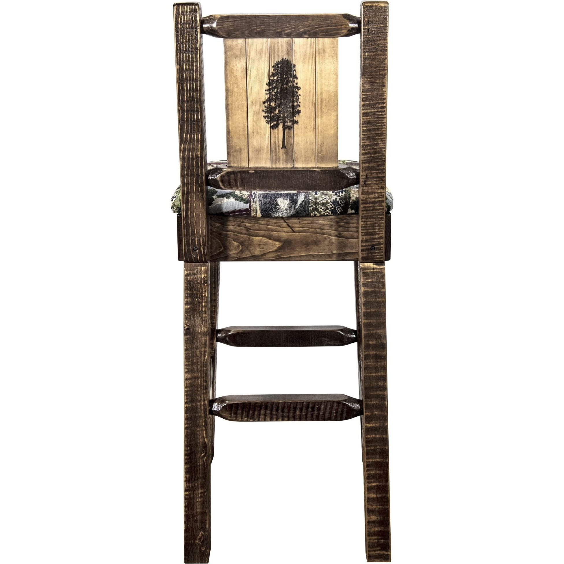 Homestead Collection Counter Height Barstool w/ Back - Woodland Upholstery, w/ Laser Engraved Pine Tree Design
