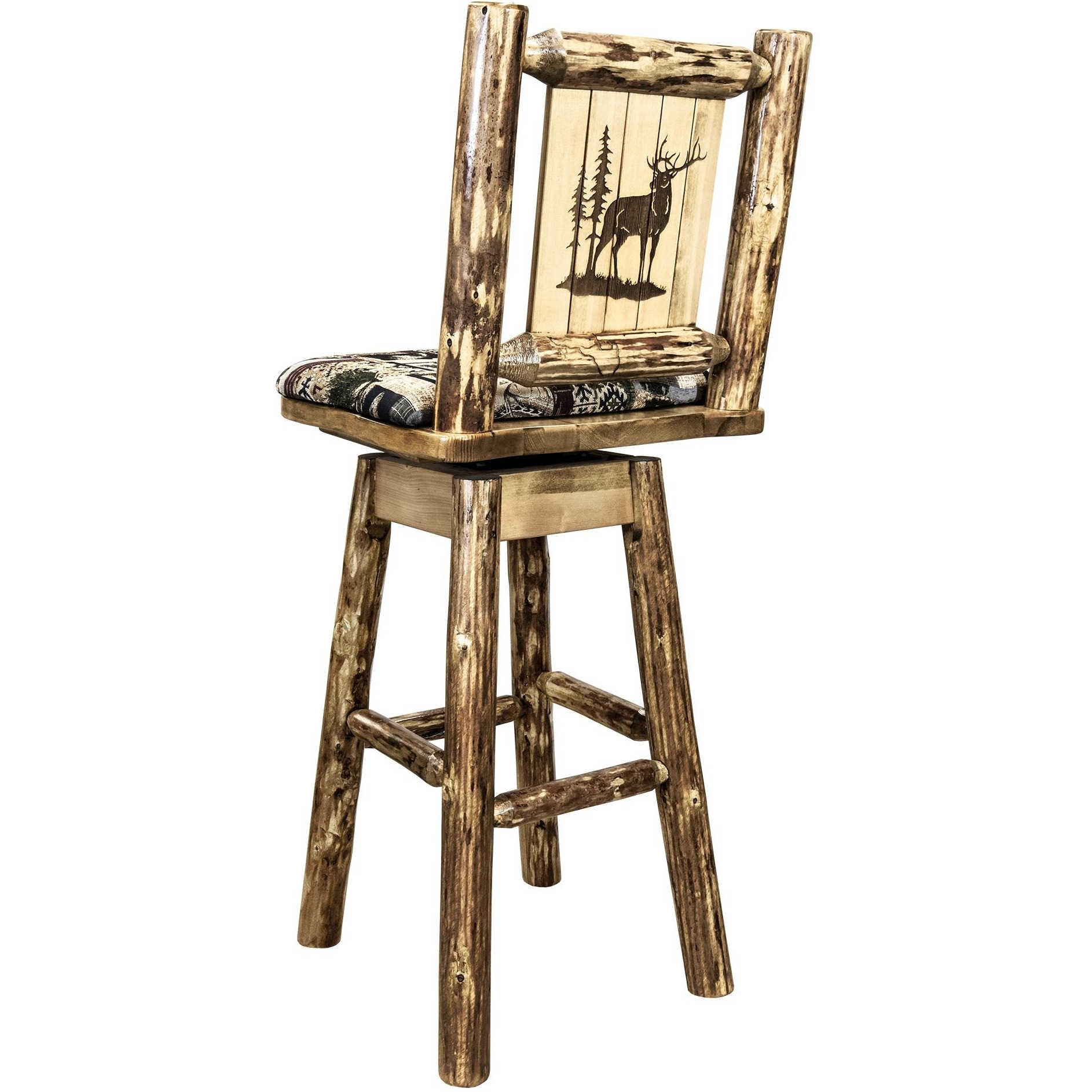 Glacier Country Collection Barstool w/ Back & Swivel, Woodland Pattern Upholstery w/ Laser Engraved Elk Design