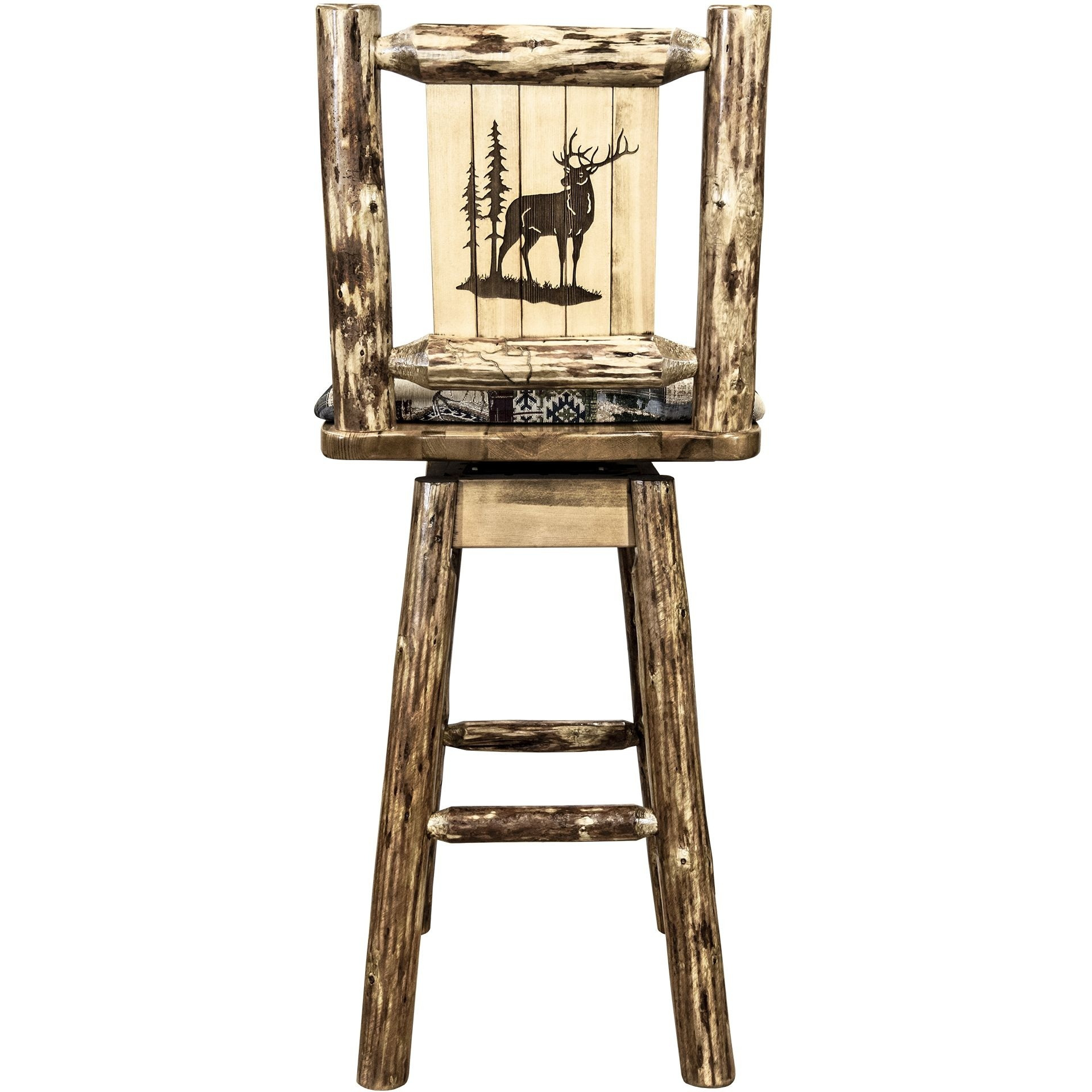 Glacier Country Collection Barstool w/ Back & Swivel, Woodland Pattern Upholstery w/ Laser Engraved Elk Design