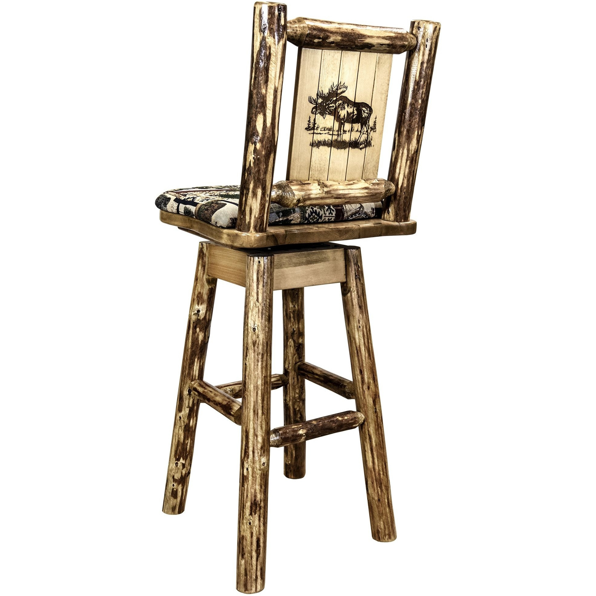 Glacier Country Collection Barstool w/ Back & Swivel, Woodland Pattern Upholstery w/ Laser Engraved Moose Design