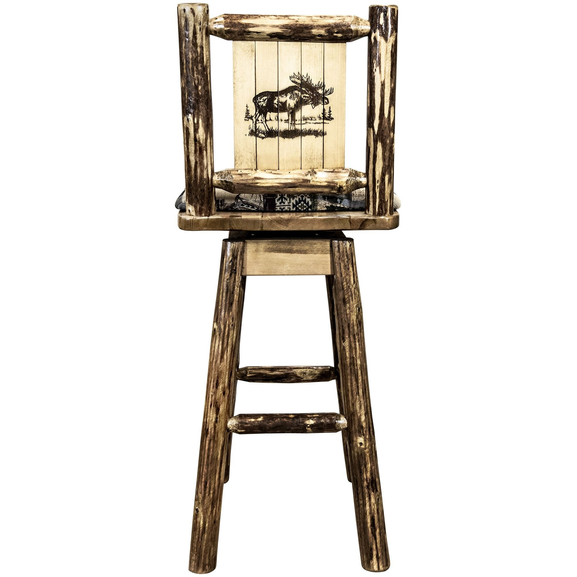 Glacier Country Collection Barstool w/ Back & Swivel, Woodland Pattern Upholstery w/ Laser Engraved Moose Design
