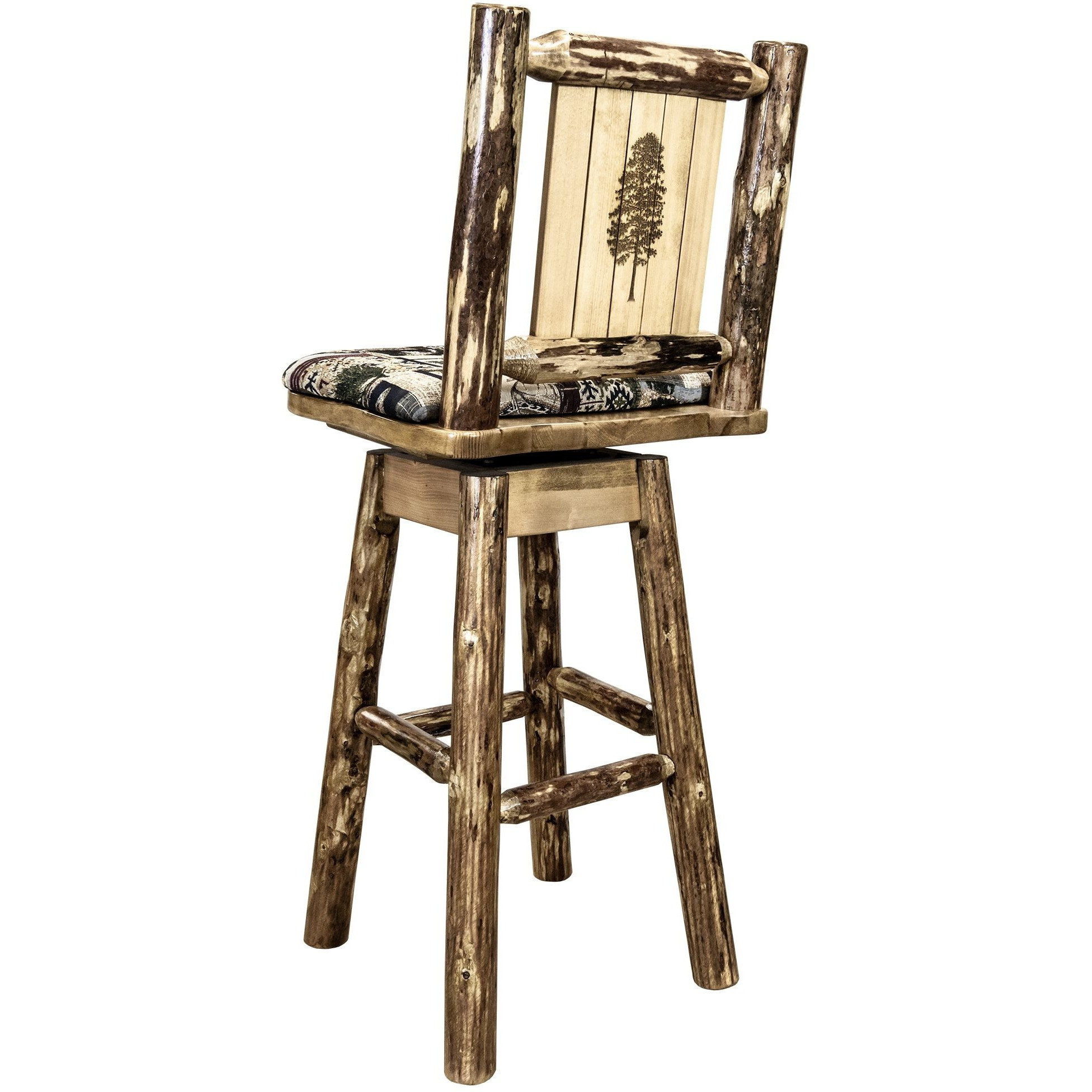 Glacier Country Collection Barstool w/ Back & Swivel, Woodland Pattern Upholstery w/ Laser Engraved Pine Tree Design