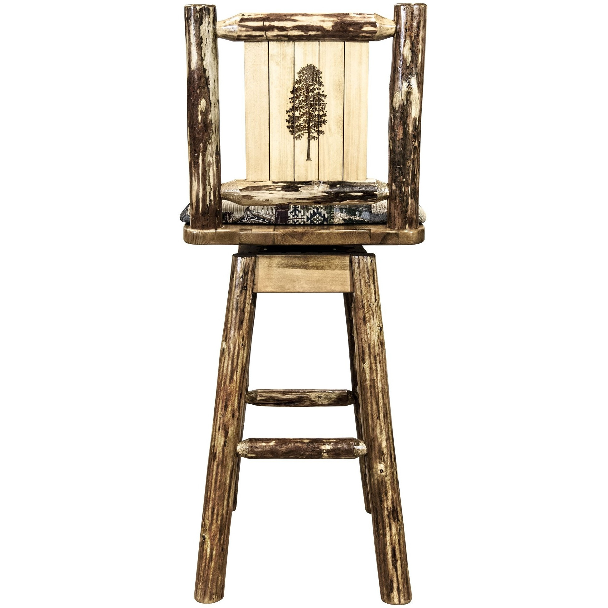 Glacier Country Collection Barstool w/ Back & Swivel, Woodland Pattern Upholstery w/ Laser Engraved Pine Tree Design