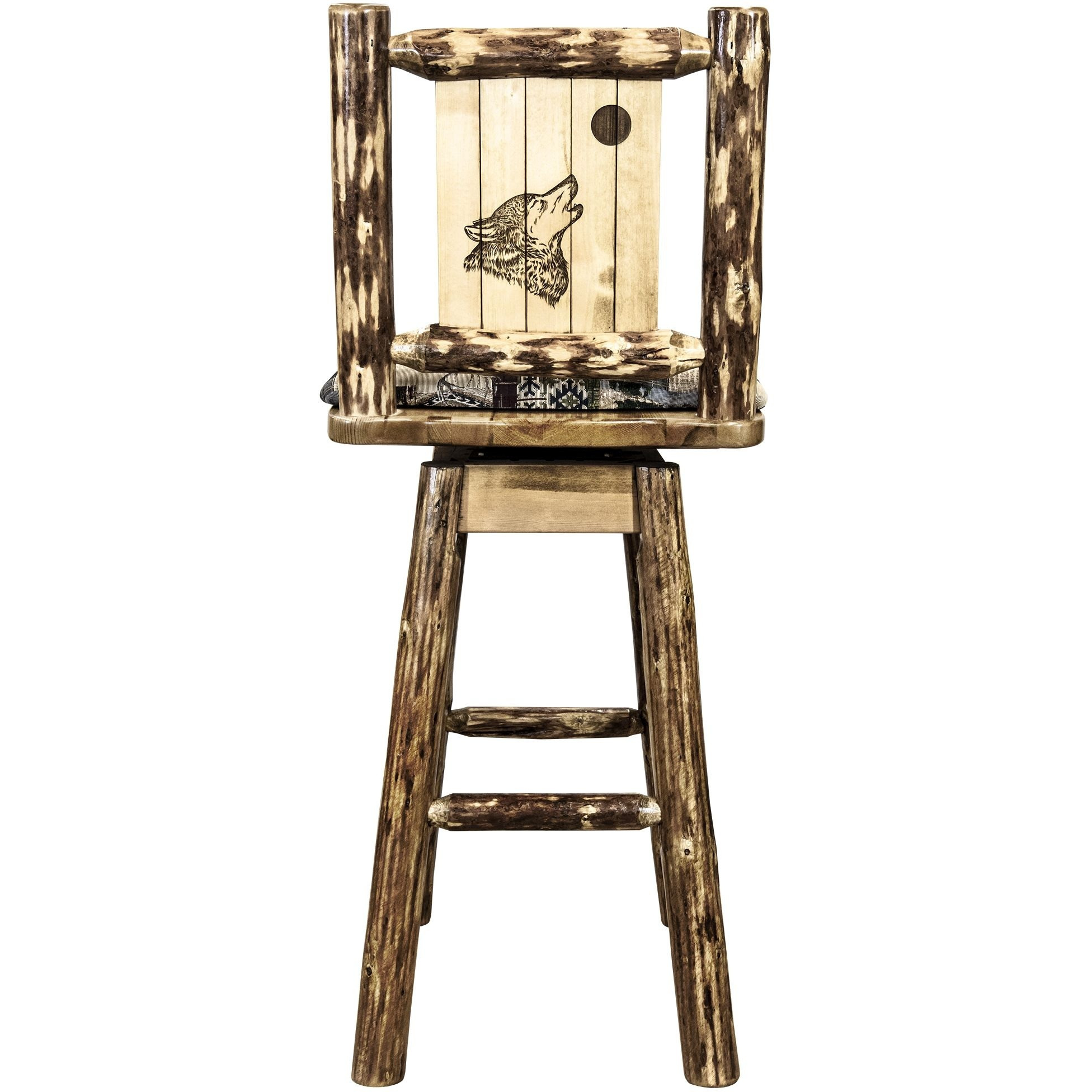 Glacier Country Collection Barstool w/ Back & Swivel, Woodland Pattern Upholstery w/ Laser Engraved Wolf Design