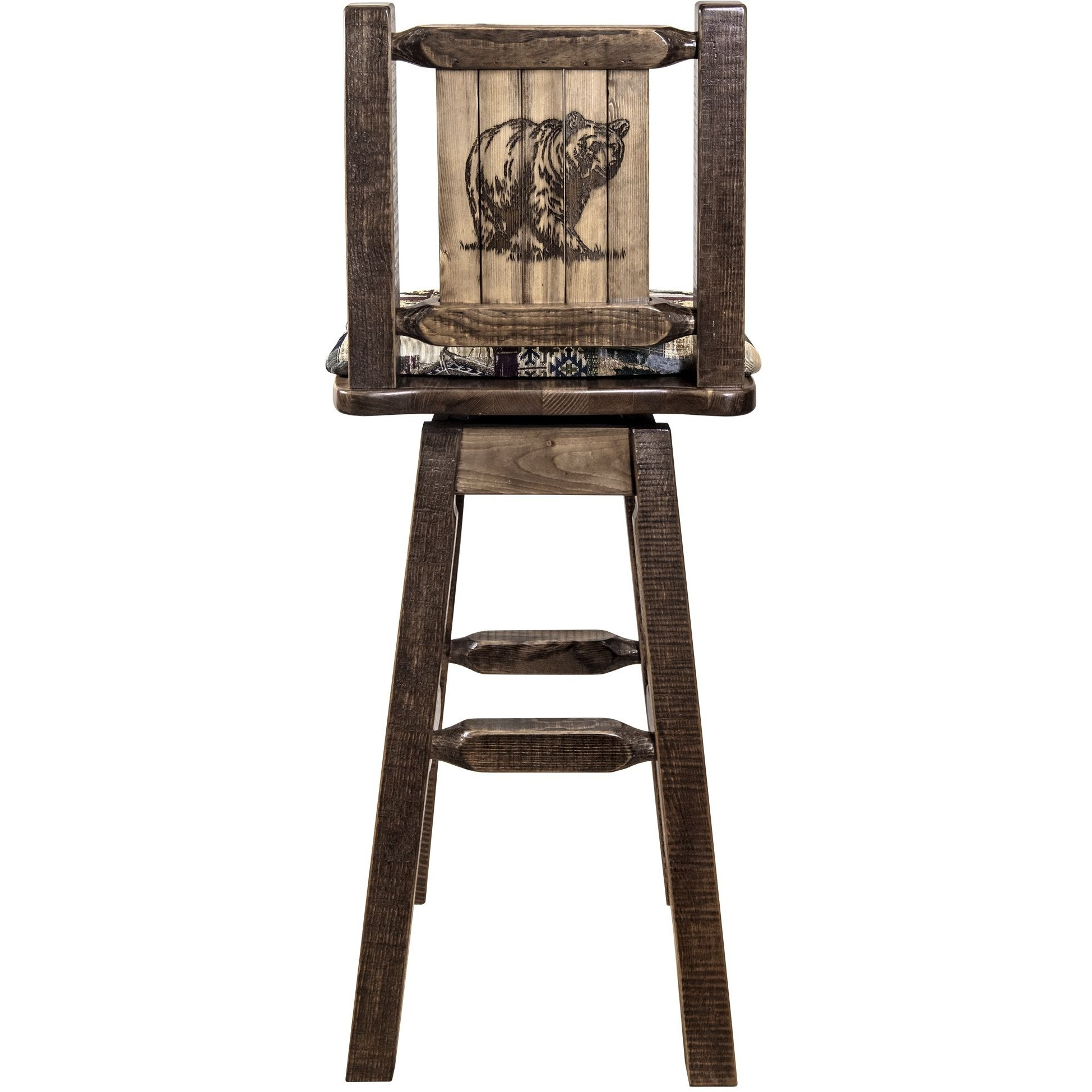 Homestead Collection Barstool w/ Back & Swivel, Woodland Pattern Upholstery w/ Laser Engraved Bear Design