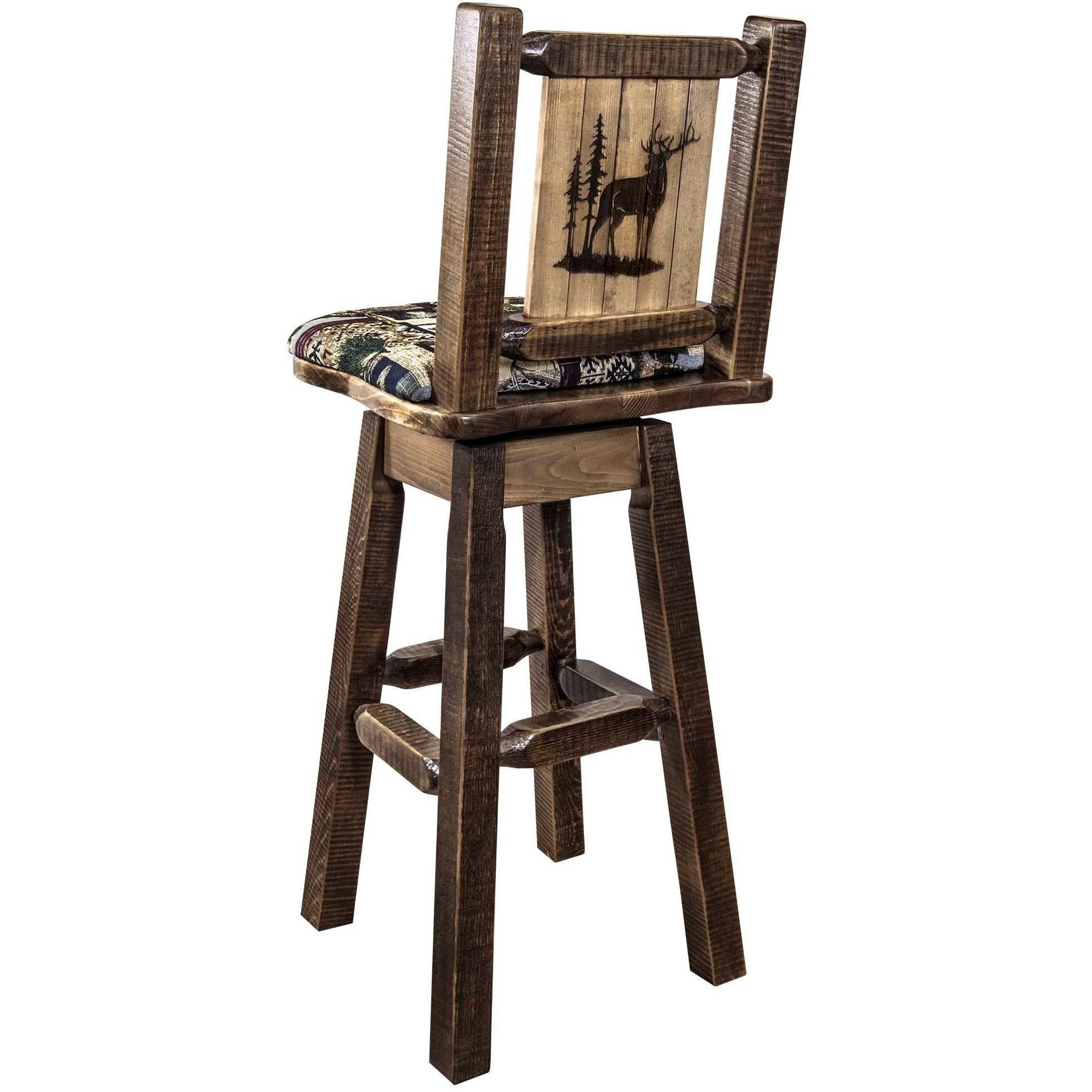 Homestead Collection Barstool w/ Back & Swivel, Woodland Pattern Upholstery w/ Laser Engraved Elk Design