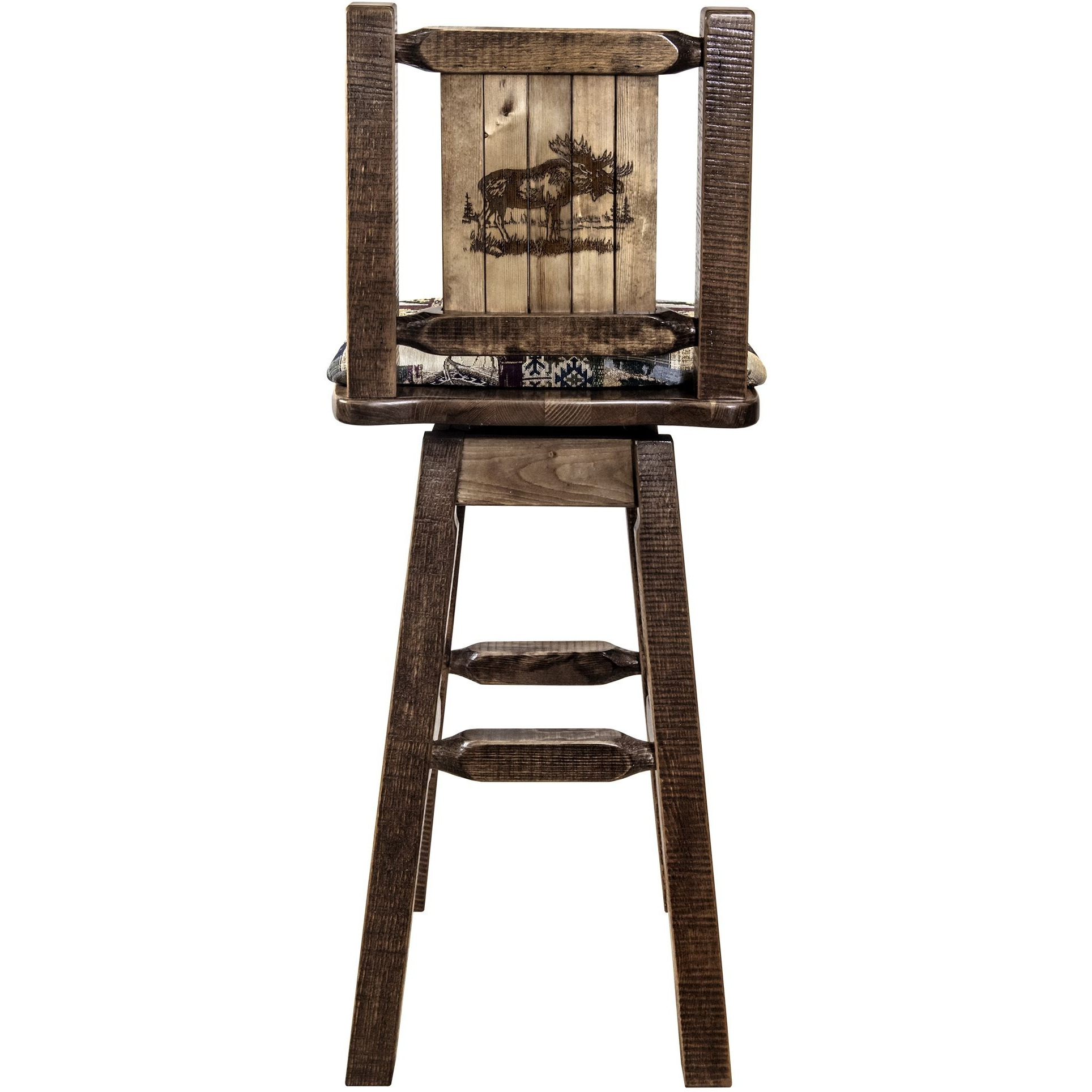 Homestead Collection Barstool w/ Back & Swivel, Woodland Pattern Upholstery w/ Laser Engraved Moose Design