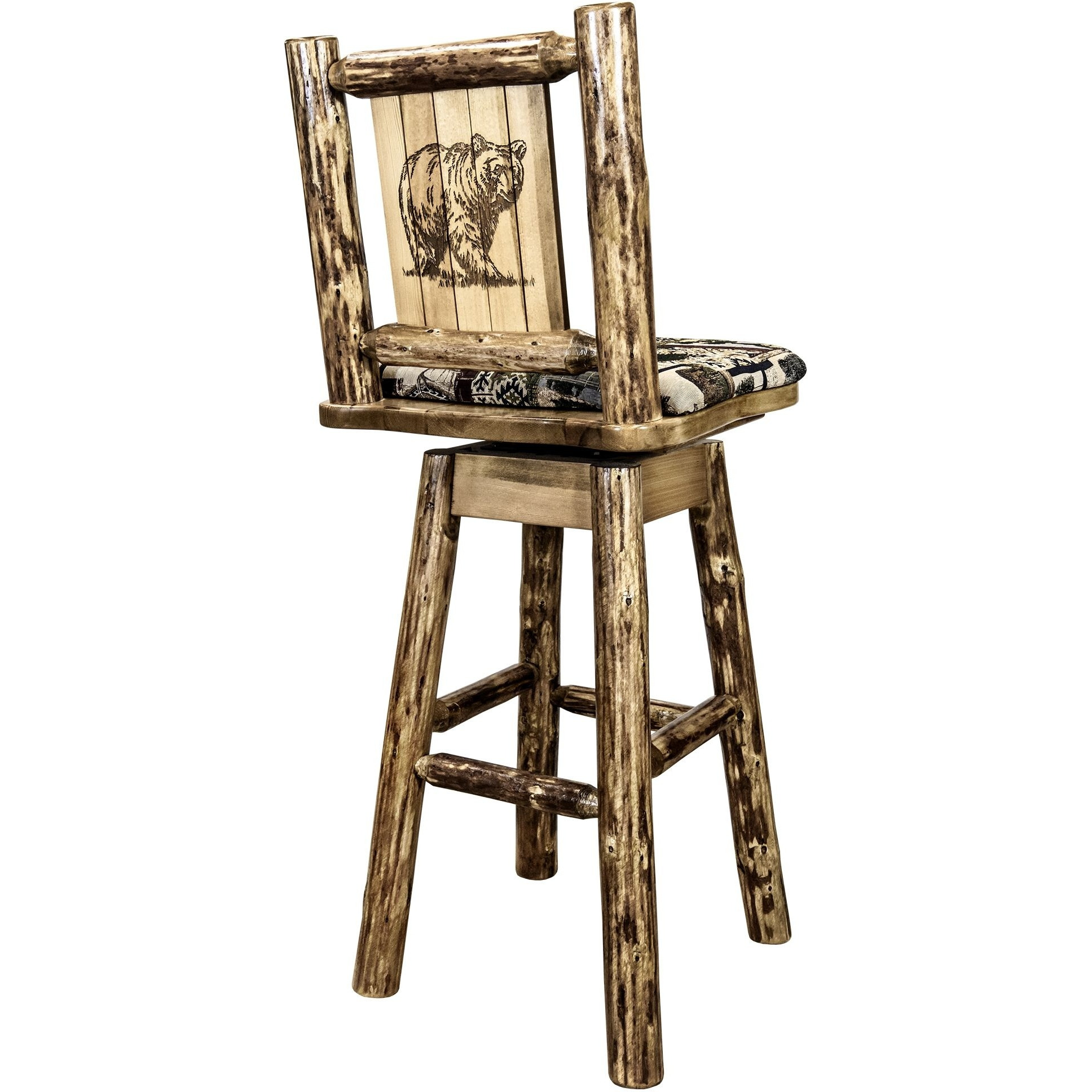 Glacier Country Collection Counter Height Barstool w/ Back & Swivel, Woodland Upholstery w/ Laser Engraved Bear Design