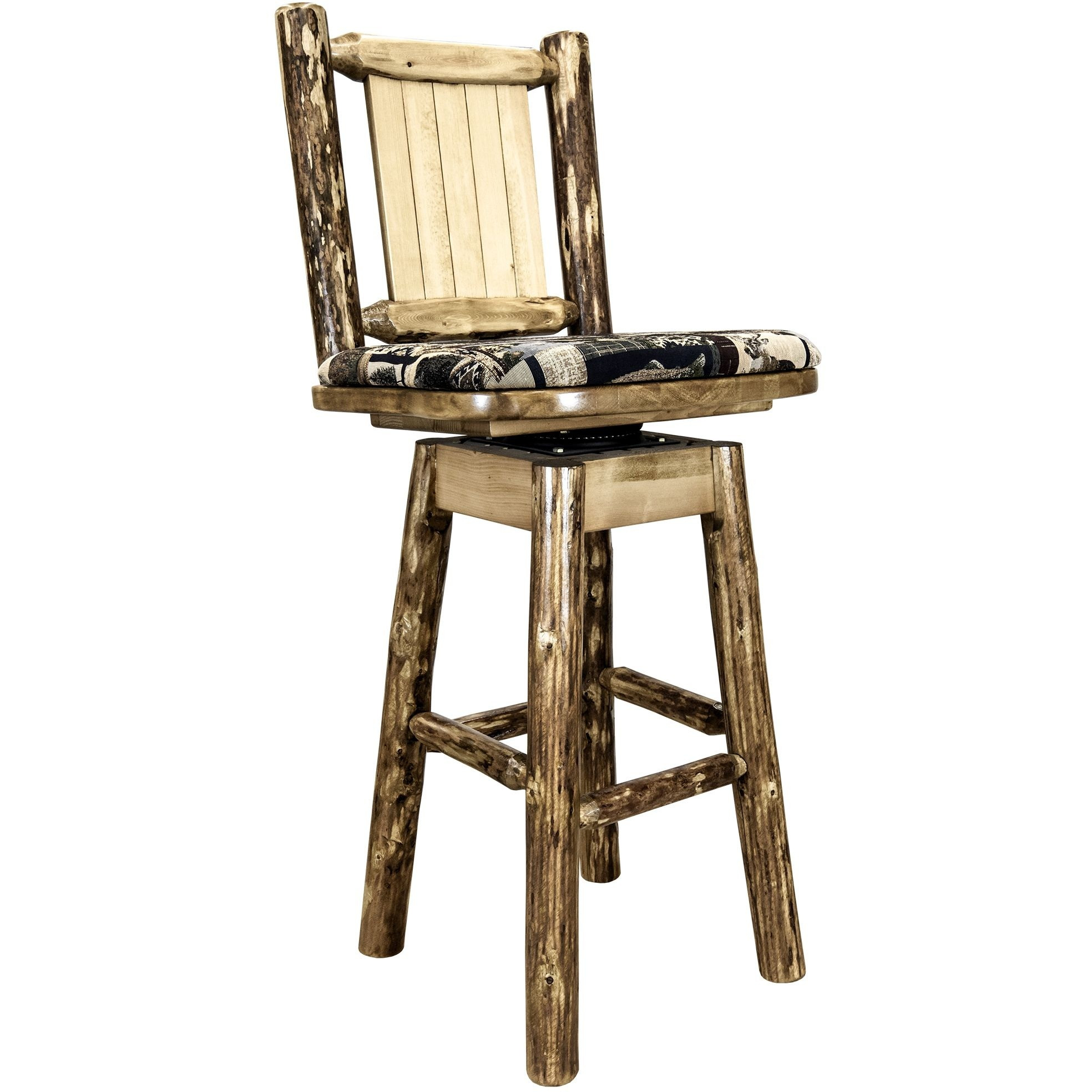 Glacier Country Collection Counter Height Barstool w/ Back & Swivel, Woodland Upholstery w/ Laser Engraved Bear Design