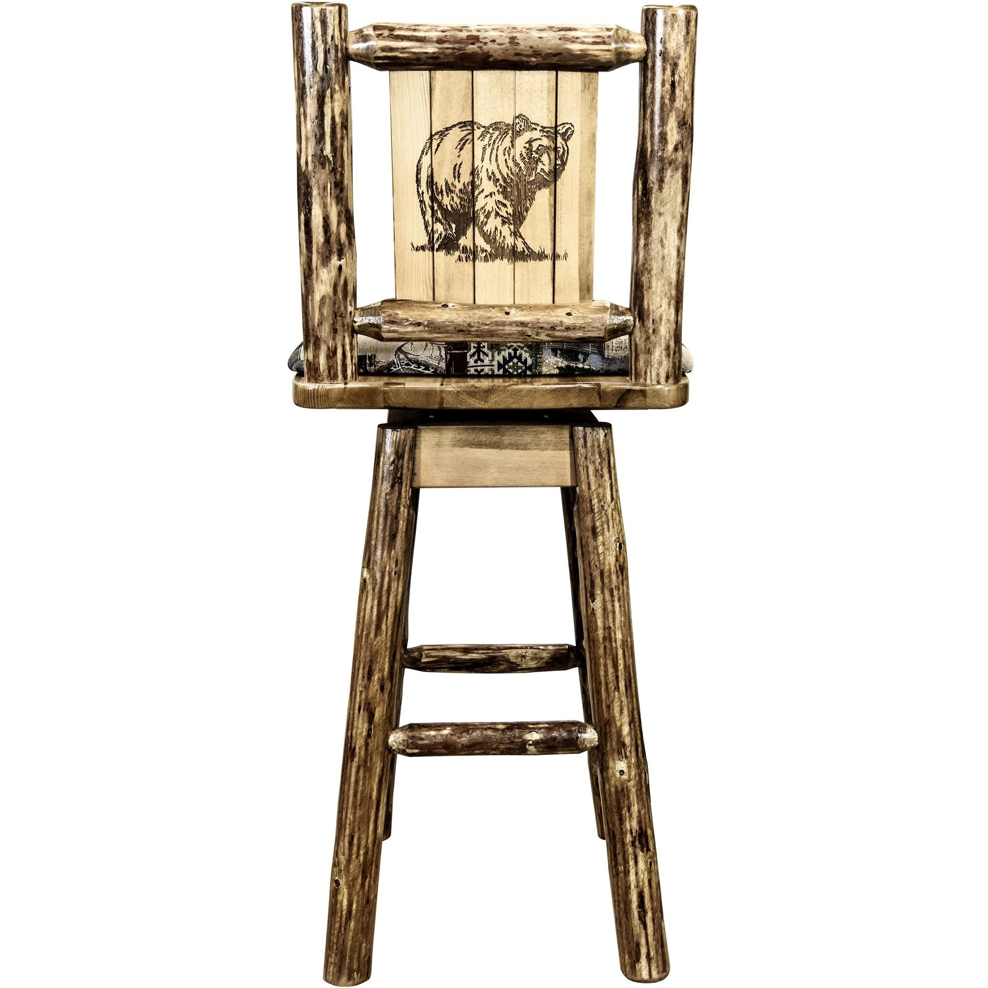 Glacier Country Collection Counter Height Barstool w/ Back & Swivel, Woodland Upholstery w/ Laser Engraved Bear Design