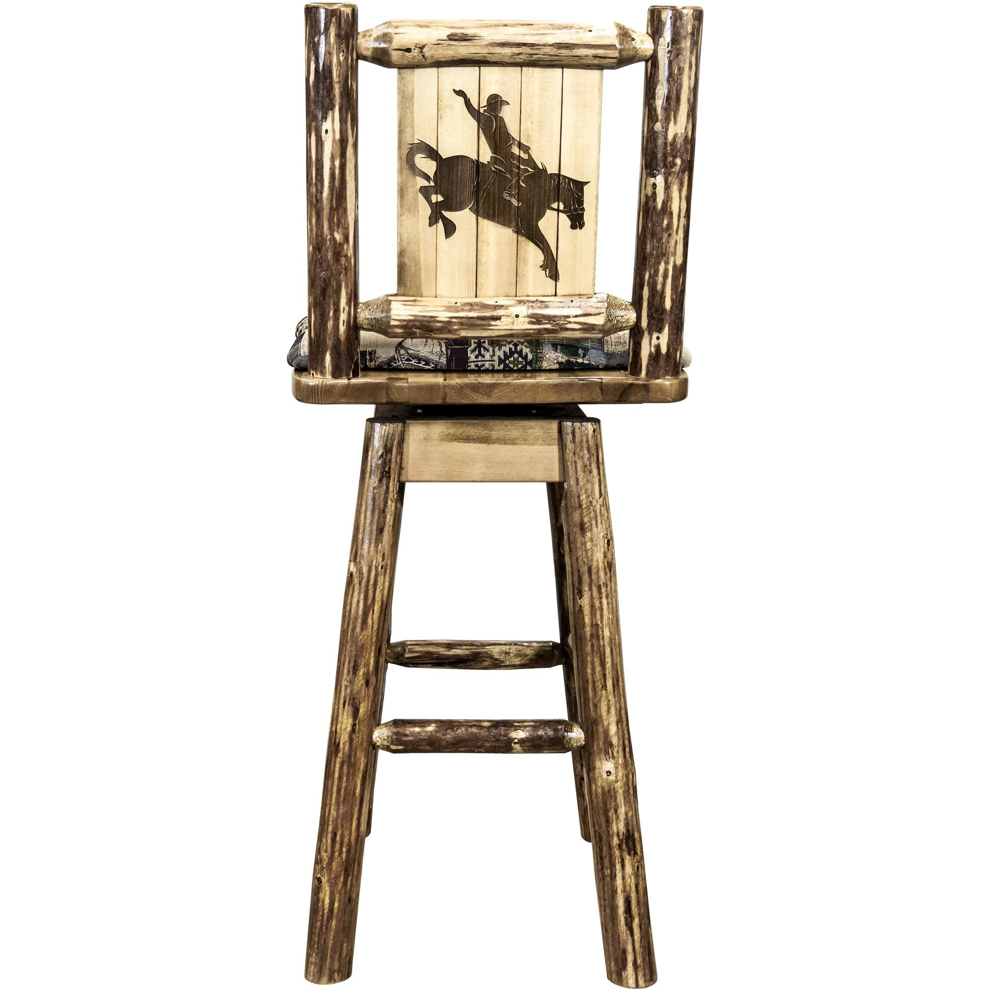 Glacier Country Collection Counter Height Barstool w/ Back & Swivel, Woodland Upholstery w/ Laser Engraved Bronc Design