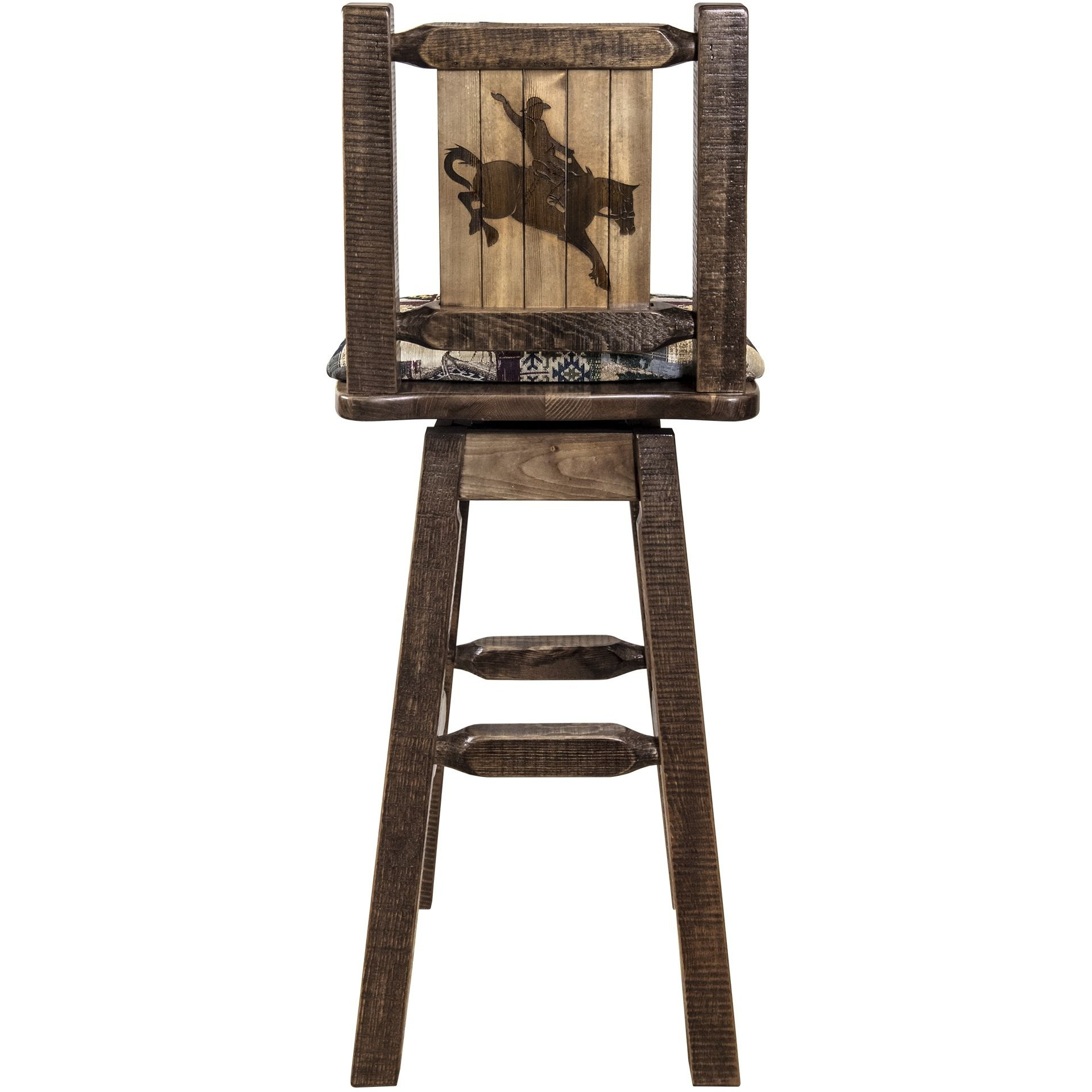 Homestead Collection Counter Height Barstool w/ Back & Swivel, Woodland Upholstery w/ Laser Engraved Bronc Design