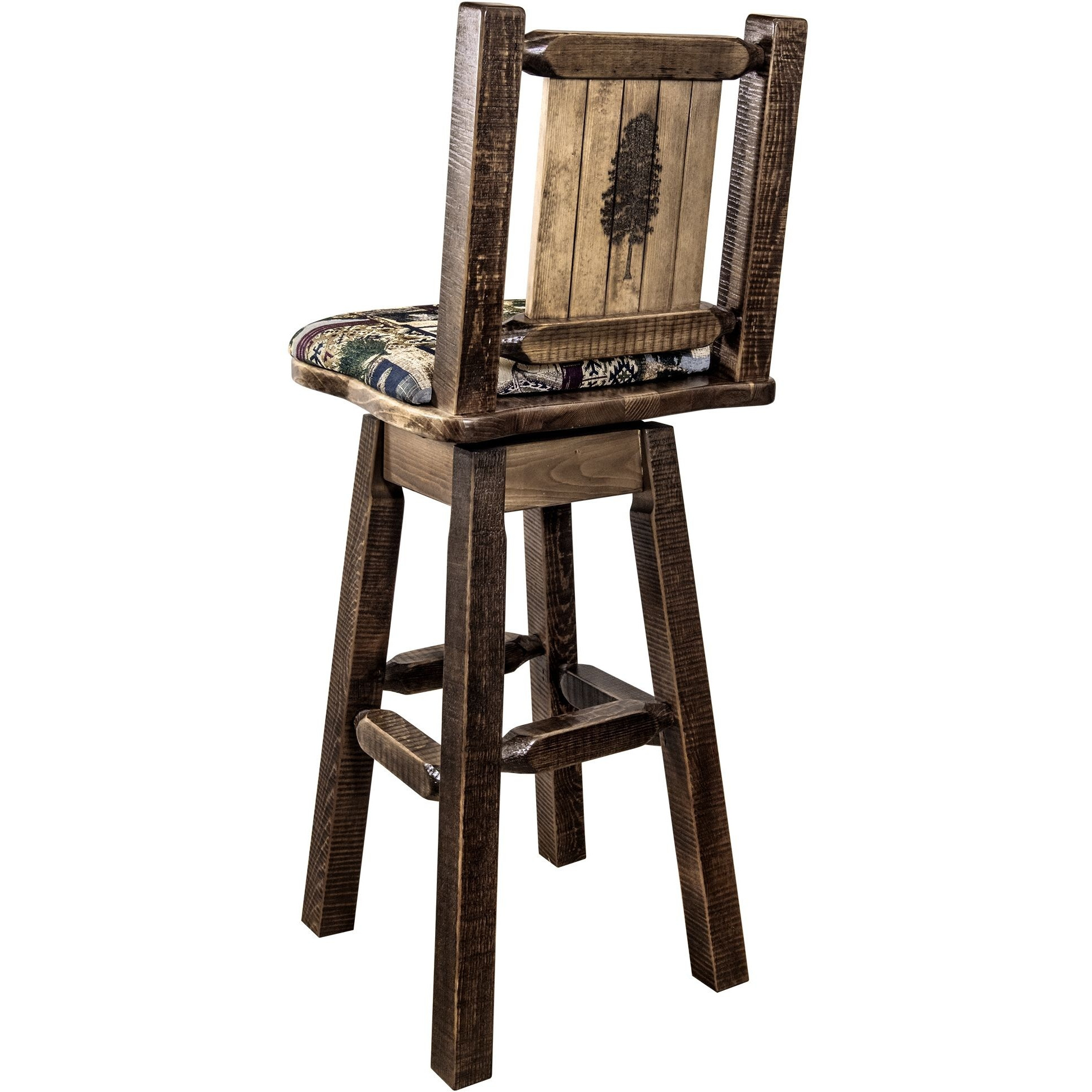 Homestead Collection Counter Height Barstool w/ Back & Swivel, Woodland Upholstery w/ Laser Engraved Pine Tree Design