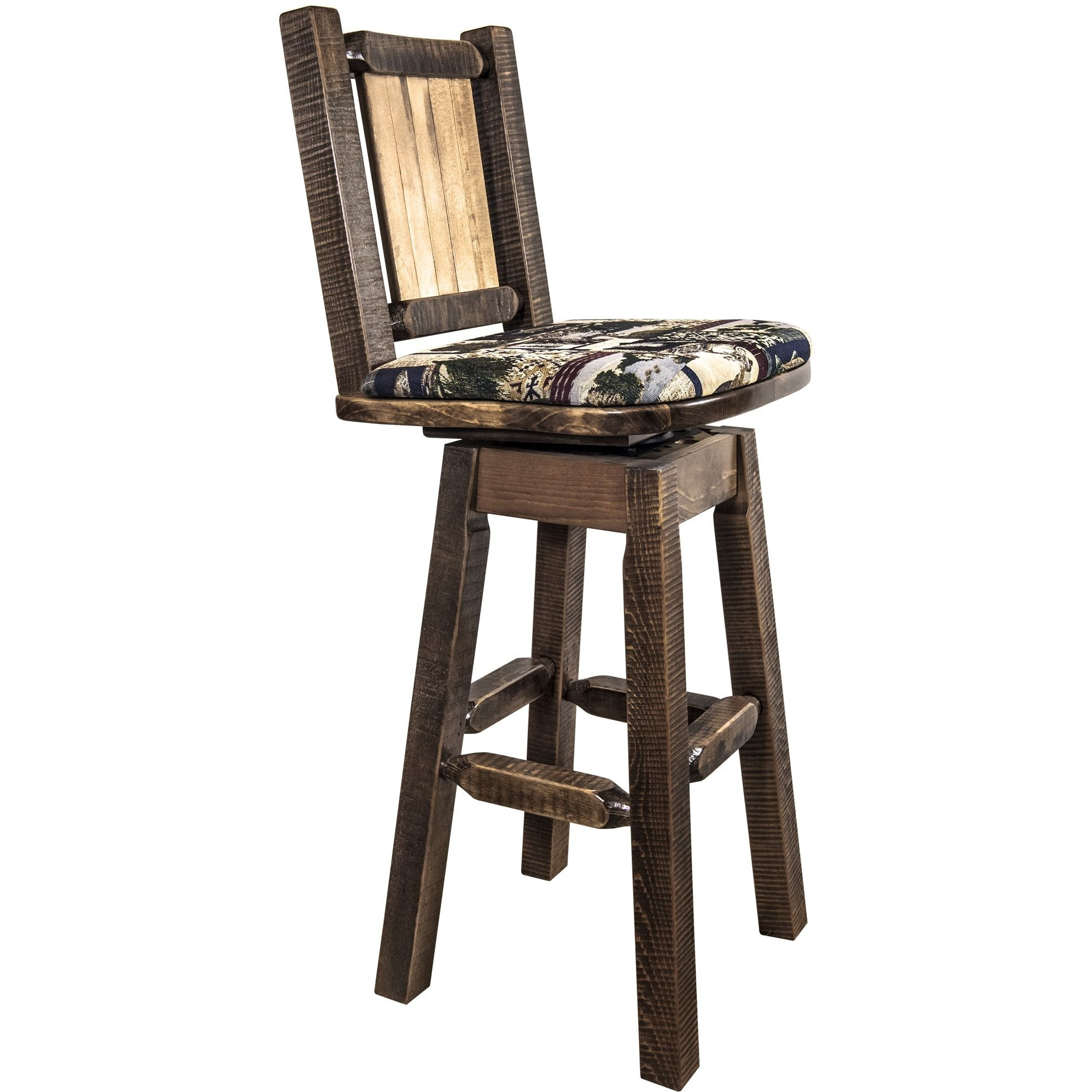 Homestead Collection Counter Height Barstool w/ Back & Swivel, Woodland Upholstery w/ Laser Engraved Pine Tree Design