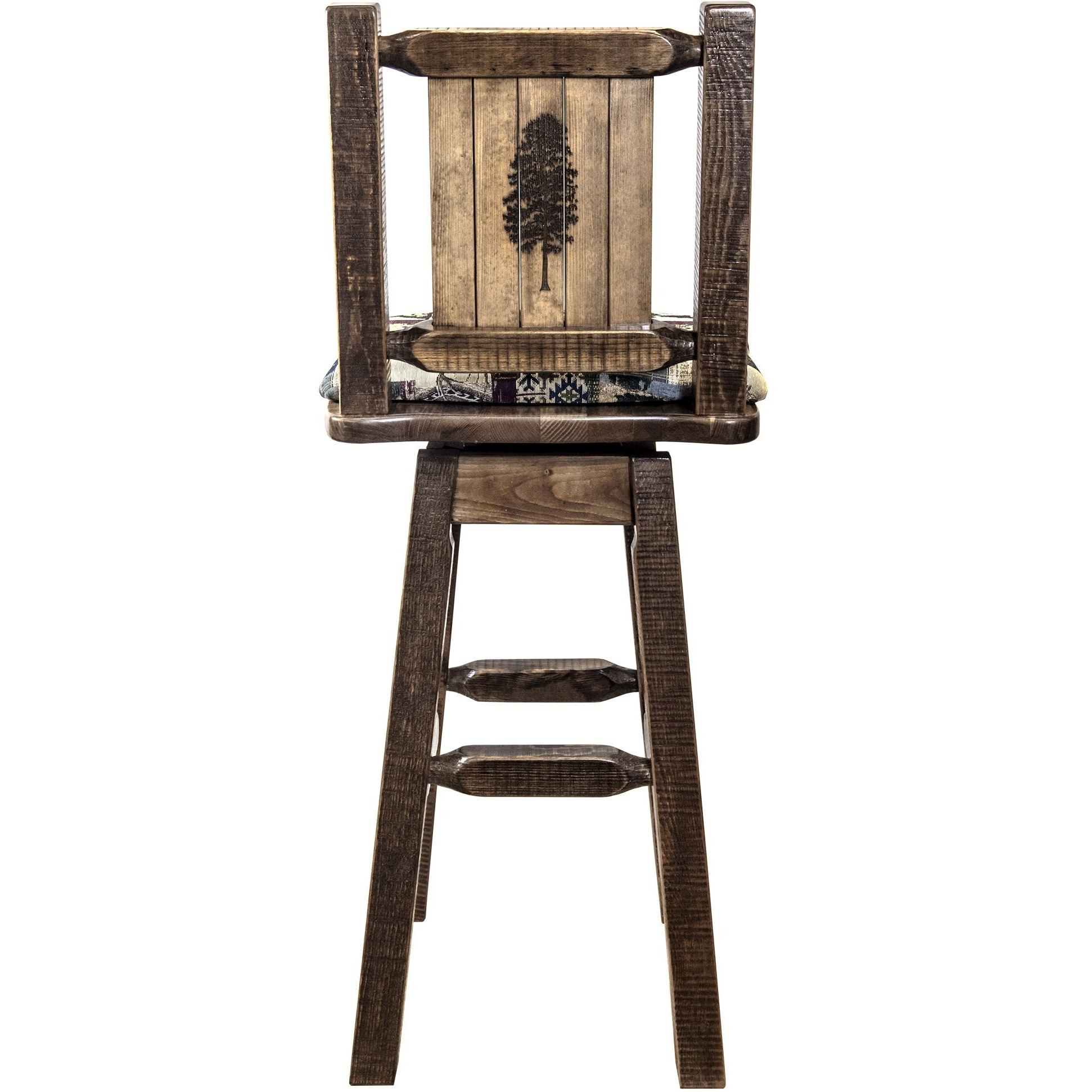 Homestead Collection Counter Height Barstool w/ Back & Swivel, Woodland Upholstery w/ Laser Engraved Pine Tree Design