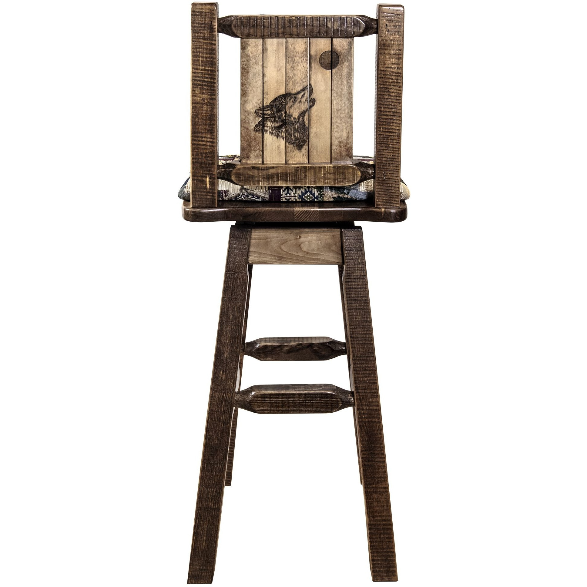 Homestead Collection Counter Height Barstool w/ Back & Swivel, Woodland Upholstery w/ Laser Engraved Wolf Design