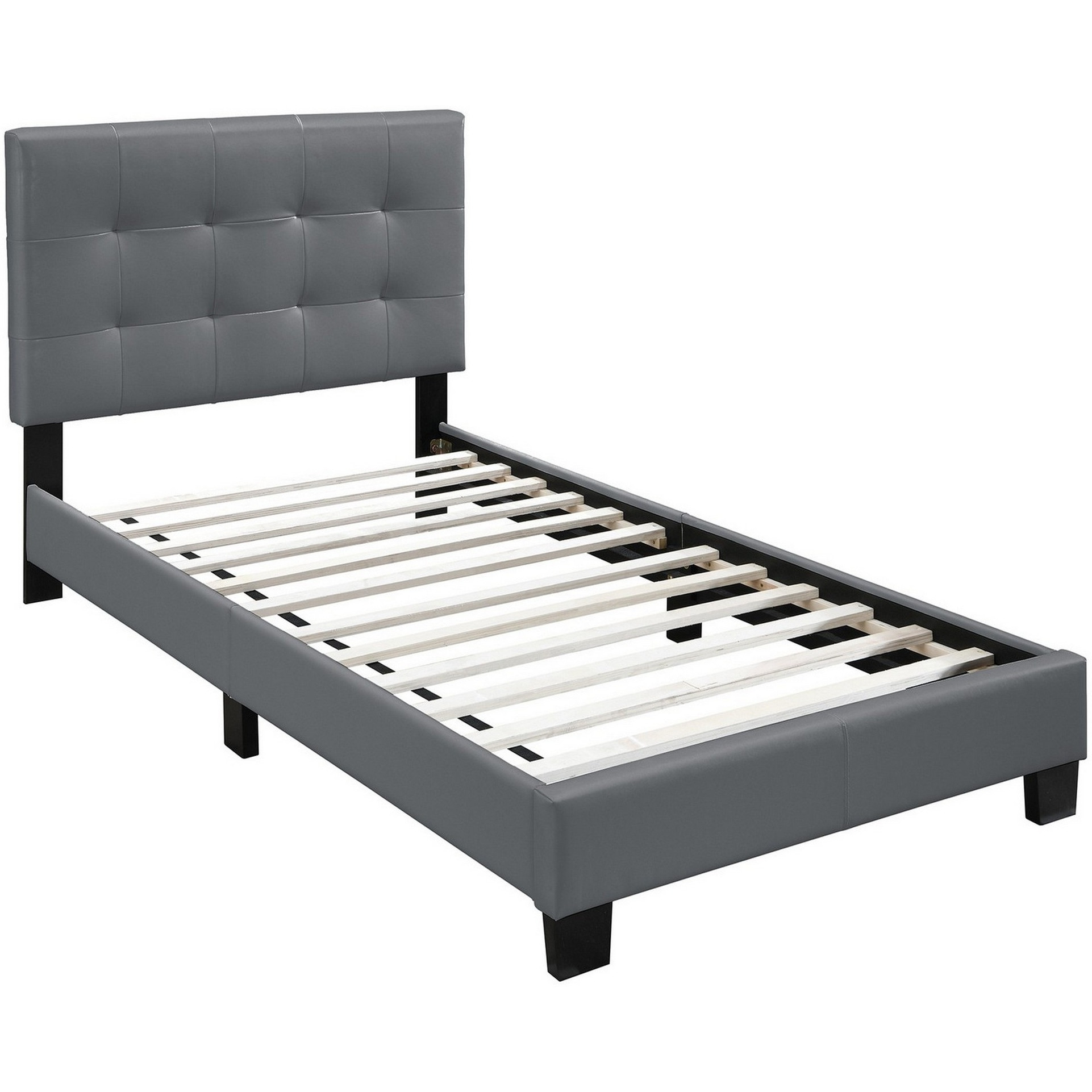 Twin Leatherette Bed with Checkered Tufted Headboard, Gray