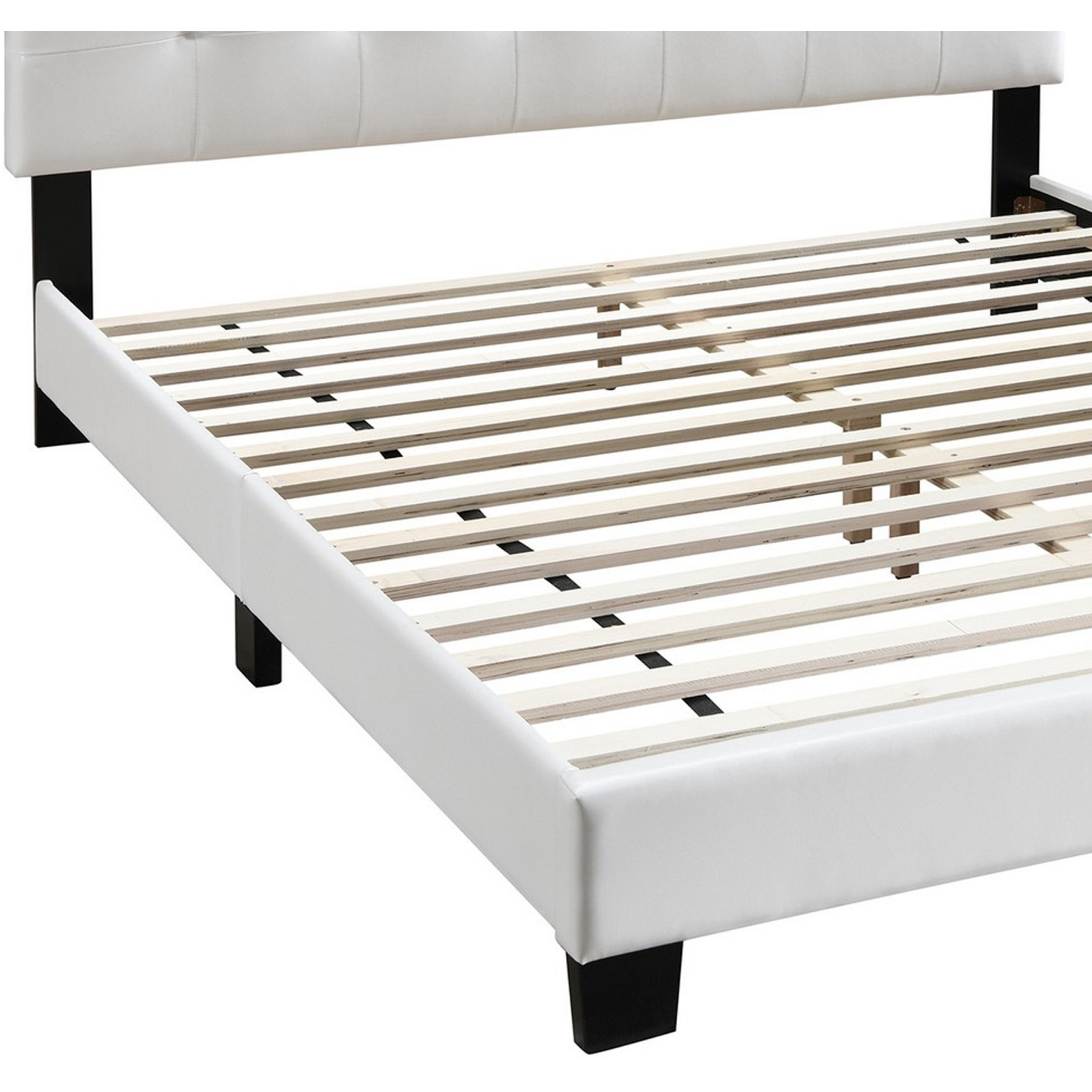 Twin Leatherette Bed with Checkered Tufted Headboard, White