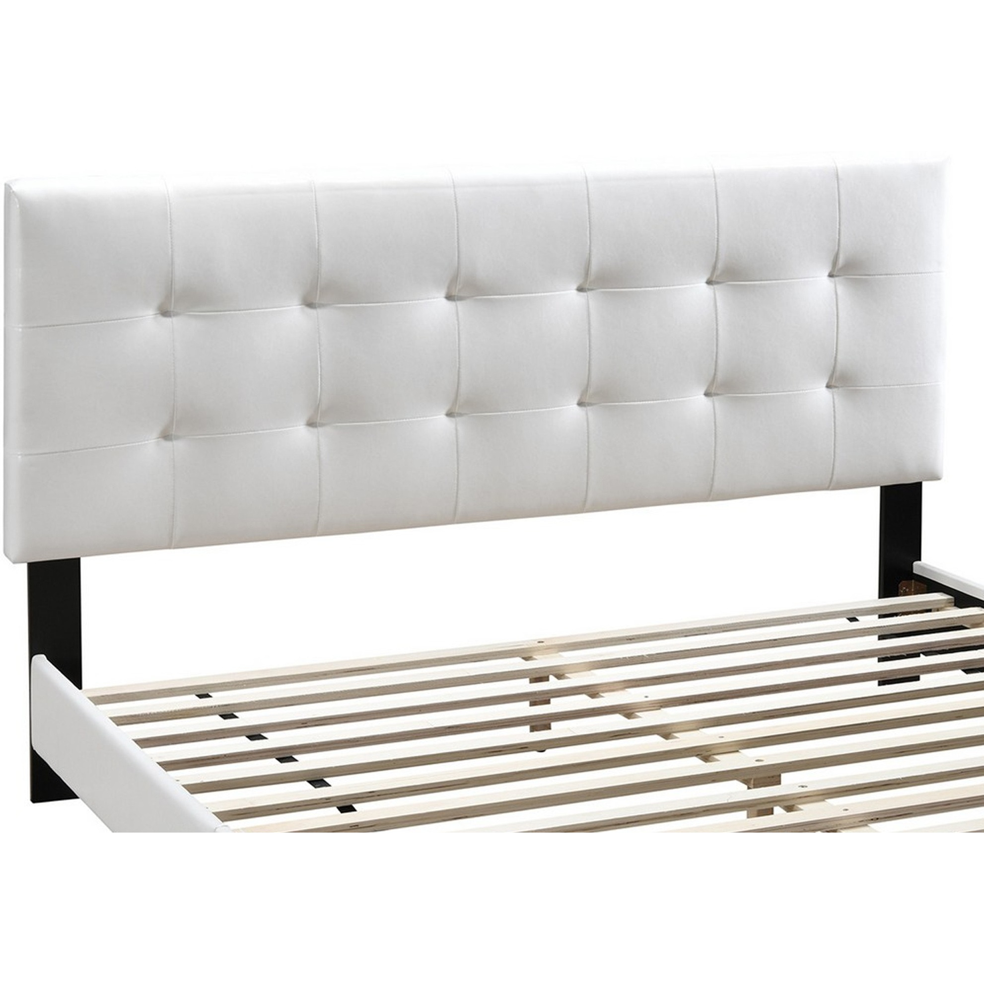 Twin Leatherette Bed with Checkered Tufted Headboard, White