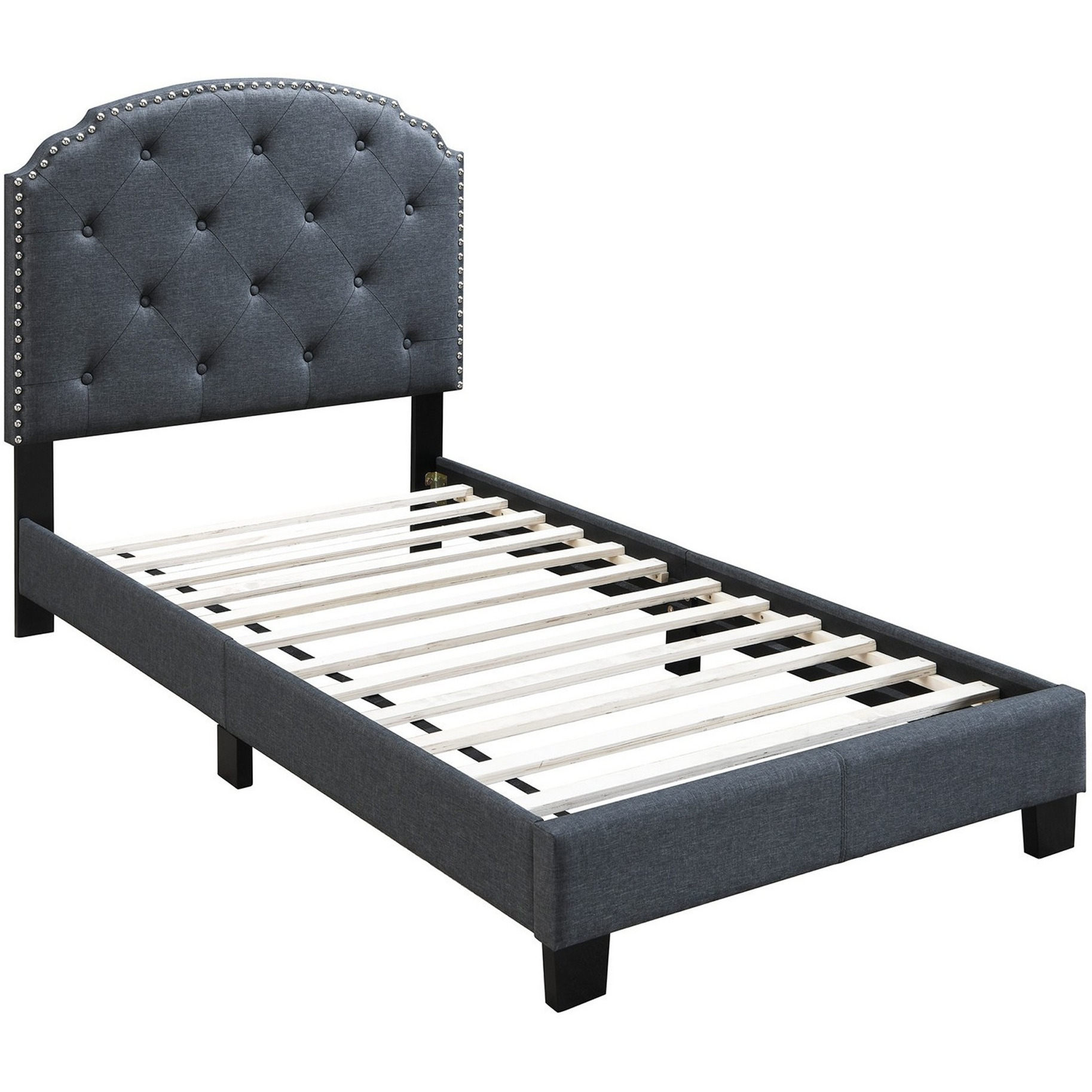 Twin Bed with Button Tufted Scalloped Headboard, Gray