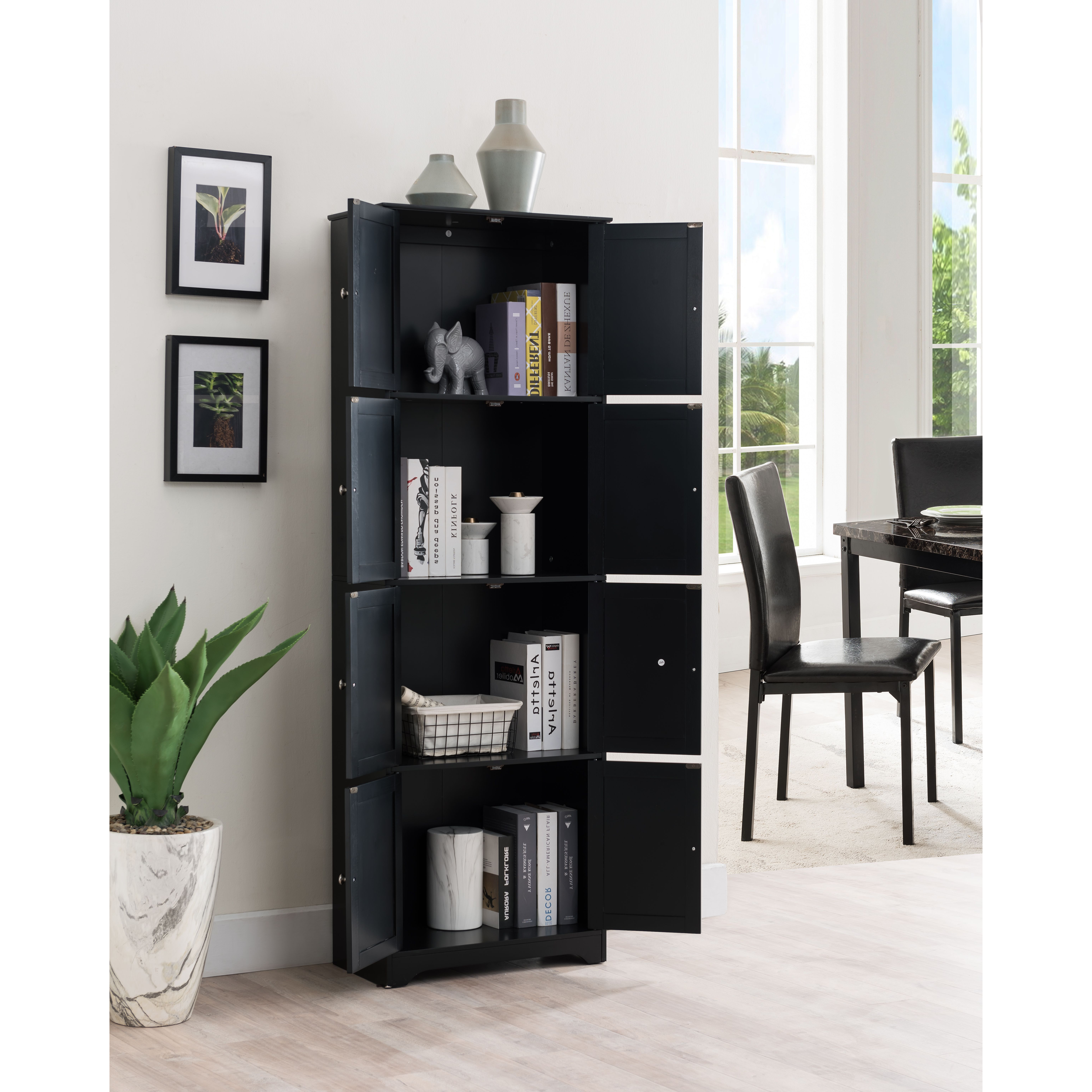 Burnham 4 Tier Contemporary Kitchen Pantry Storage Cabinet, Black Wood