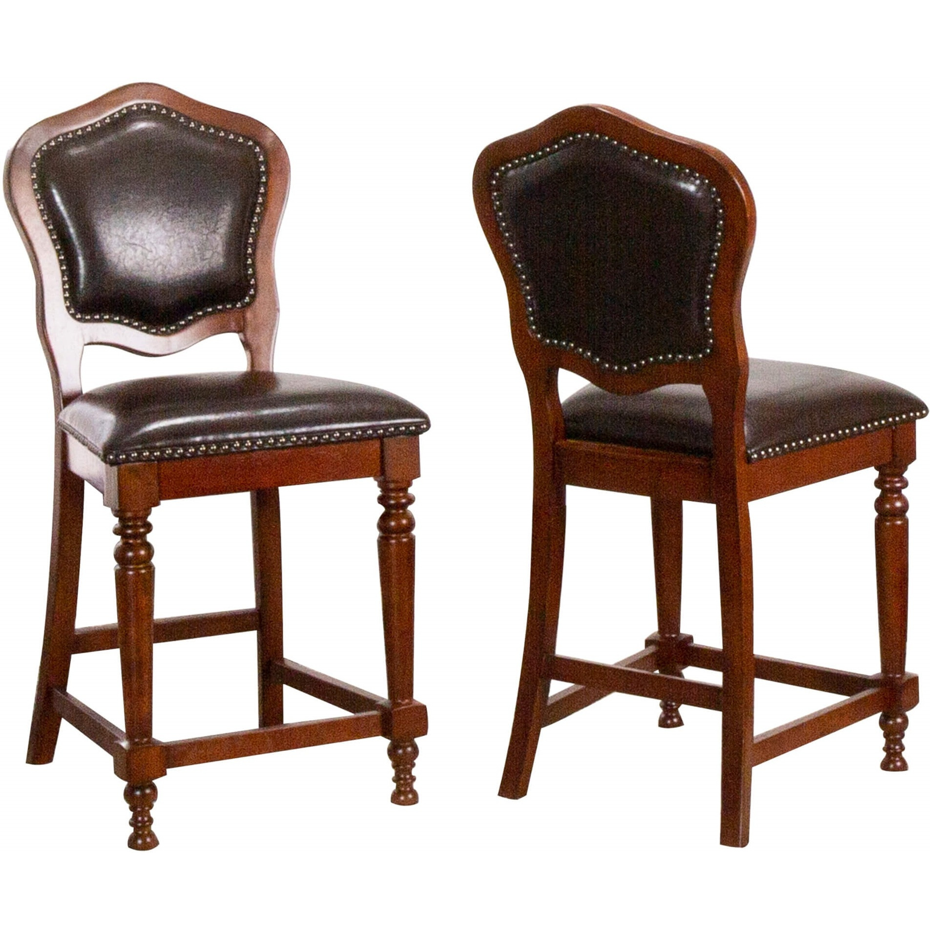 Sunset Trading Bellagio Upholstered Barstools with Backs | Counter Height Dining Chairs | Distressed Cherry Brown Wood | Nailheads | Set of 2