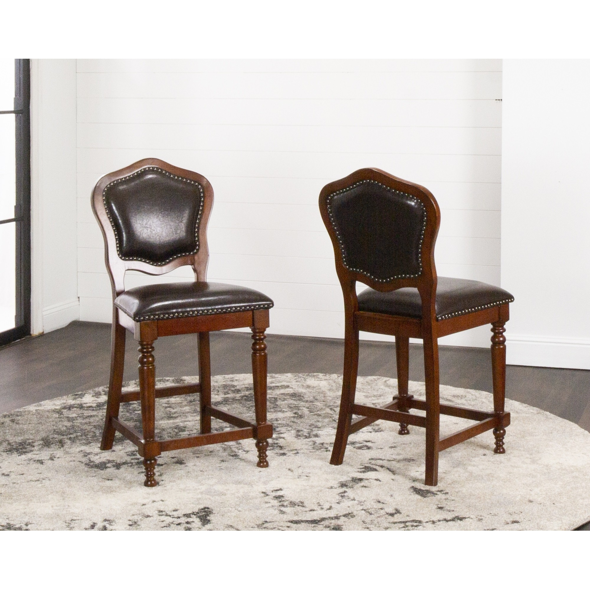 Sunset Trading Bellagio Upholstered Barstools with Backs | Counter Height Dining Chairs | Distressed Cherry Brown Wood | Nailheads | Set of 2