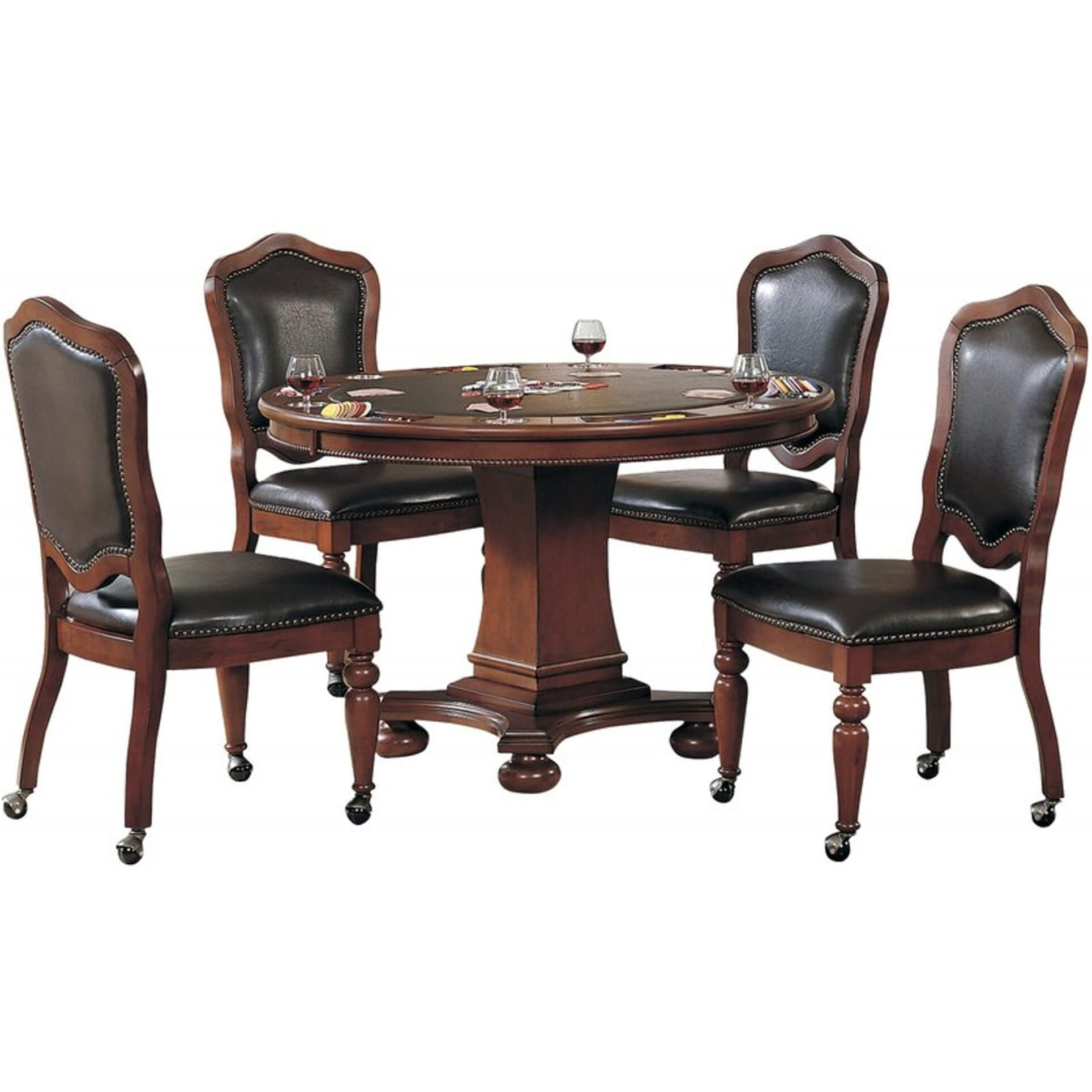 Sunset Trading 5 Piece Bellagio 48" Round Dining and Poker Table Set | Reversible Game Top | Caster Chairs with Nailheads | Seats 6