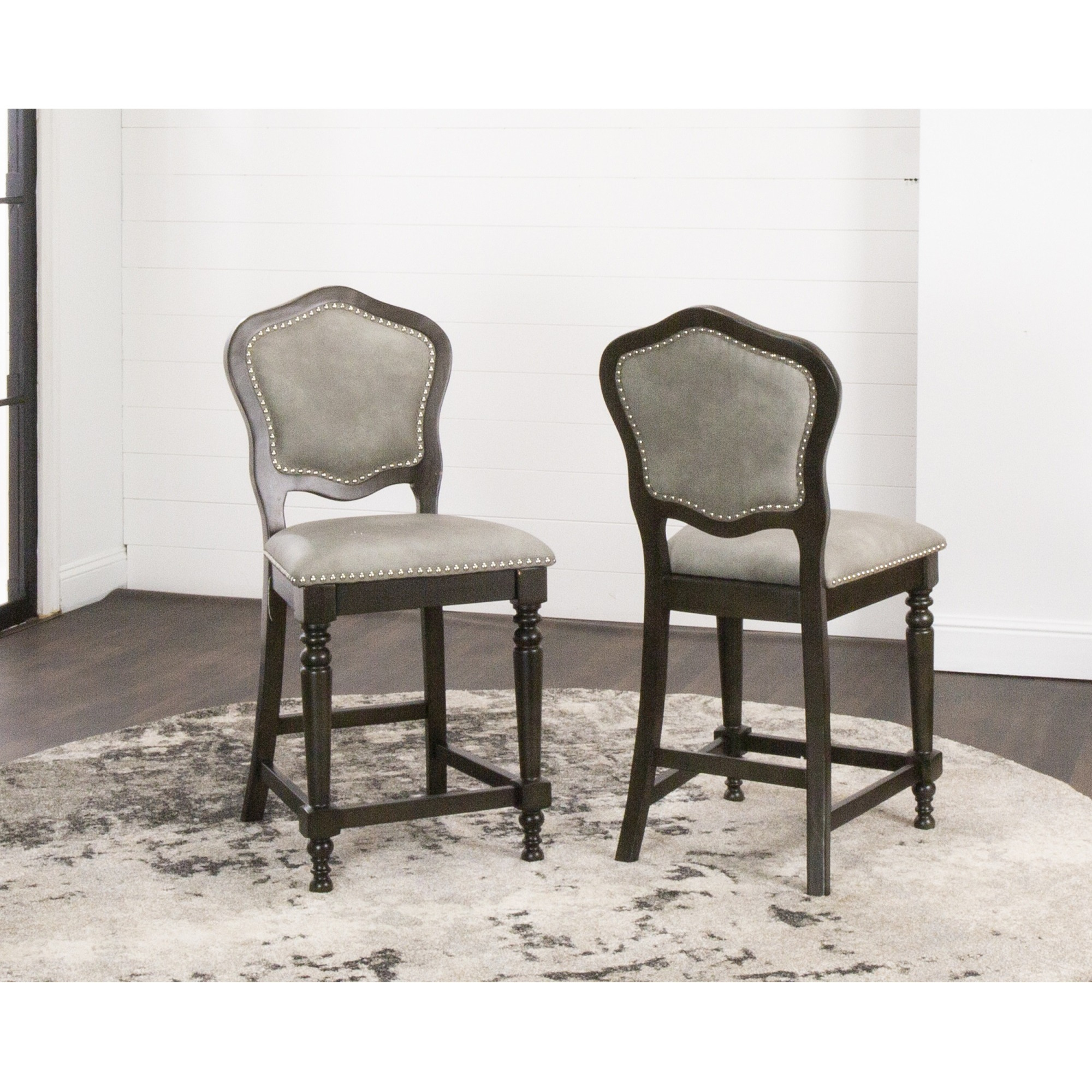 Sunset Trading Vegas Upholstered Barstools with Backs | Counter Height Dining Chairs | Distressed Gray Wood | Nailheads | Set of 2