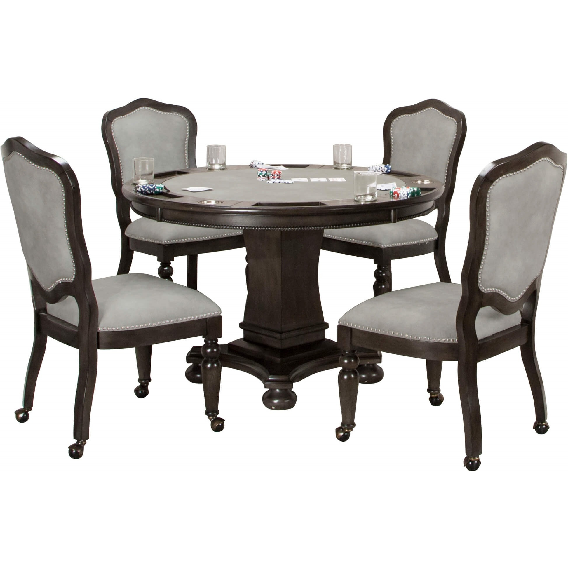 Sunset Trading 5 Piece 48" Round Vegas Dining and Poker Table Set | Reversible Game Top | Gray Wood | Caster Chairs with Nailheads