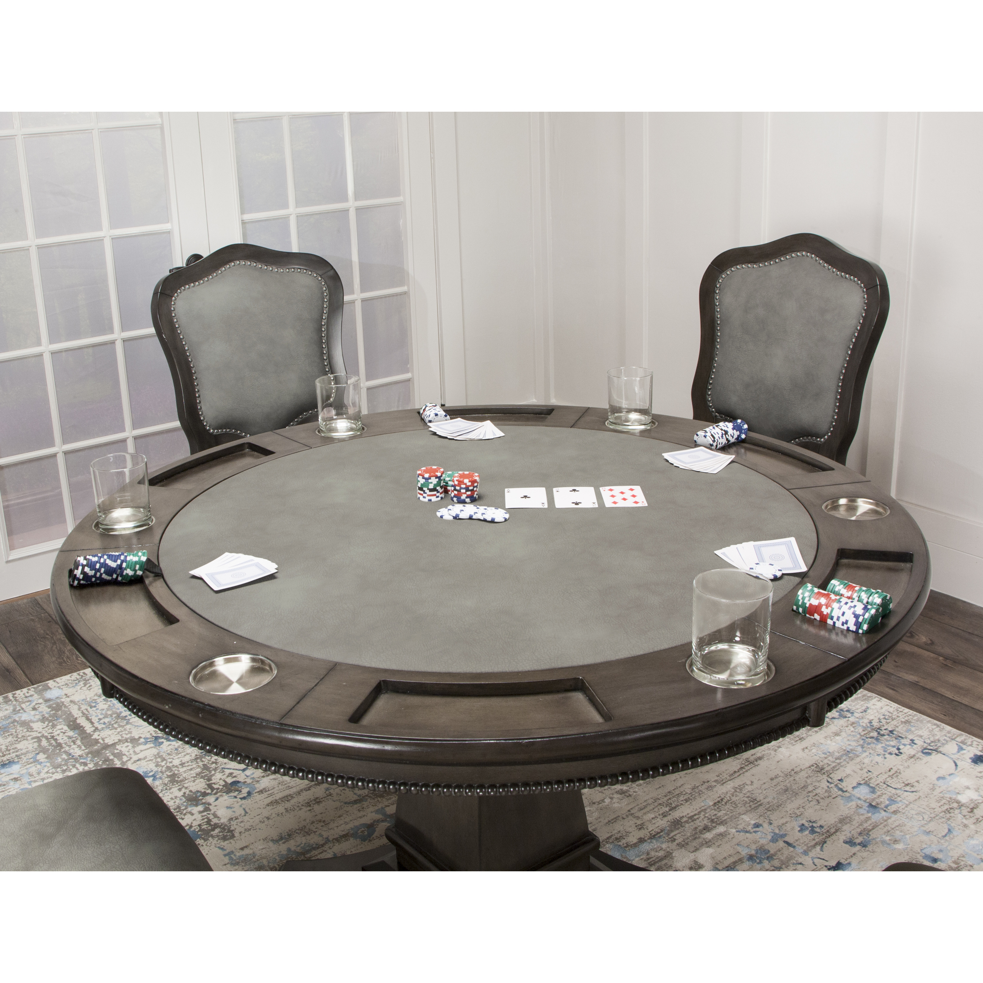 Sunset Trading 5 Piece 48" Round Vegas Dining and Poker Table Set | Reversible Game Top | Gray Wood | Caster Chairs with Nailheads