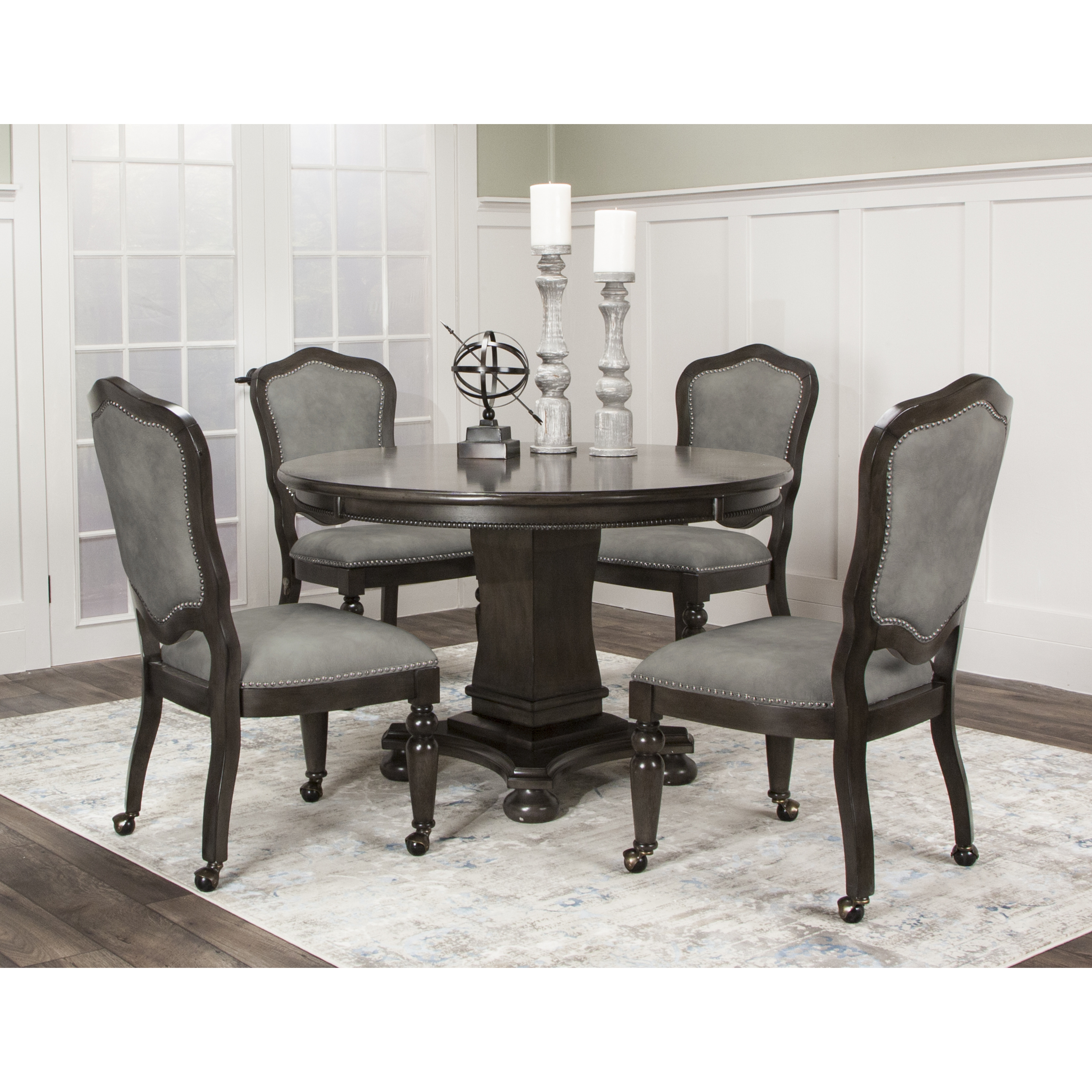 Sunset Trading 5 Piece 48" Round Vegas Dining and Poker Table Set | Reversible Game Top | Gray Wood | Caster Chairs with Nailheads