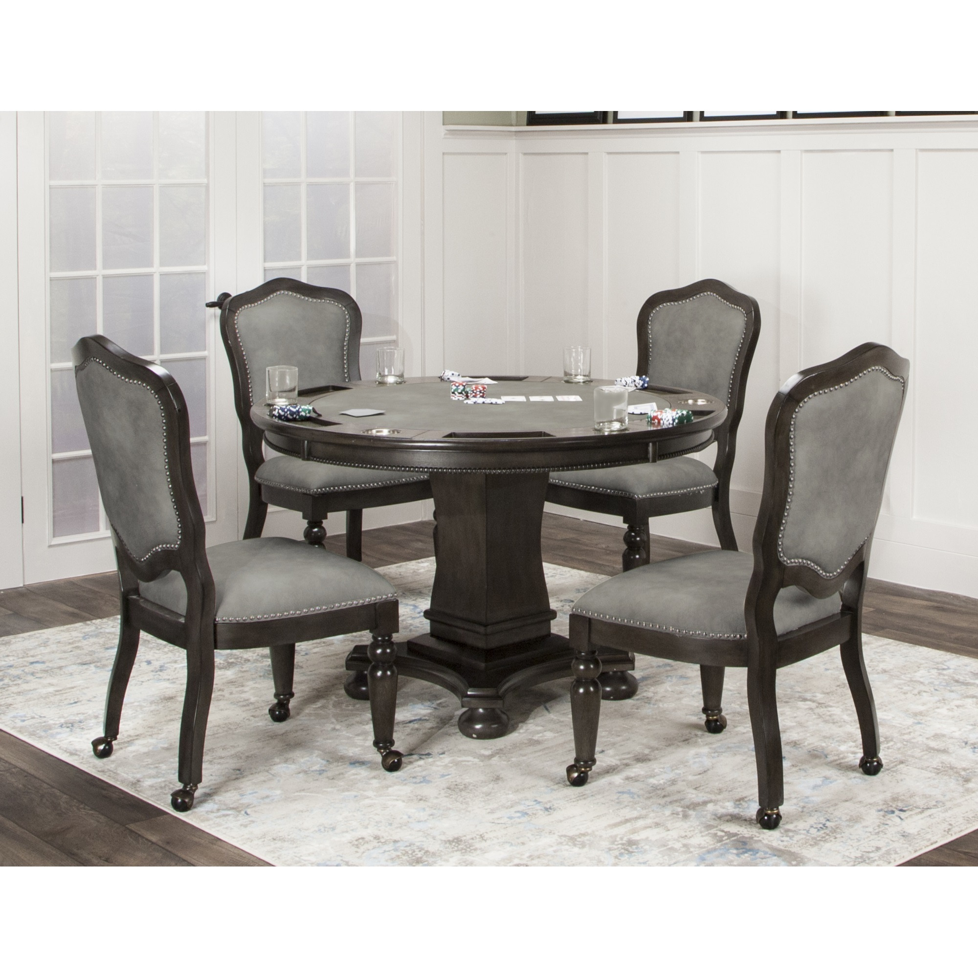 Sunset Trading 48" Round Vegas Dining and Poker Table | Reversible Game Top | Gray Wood
