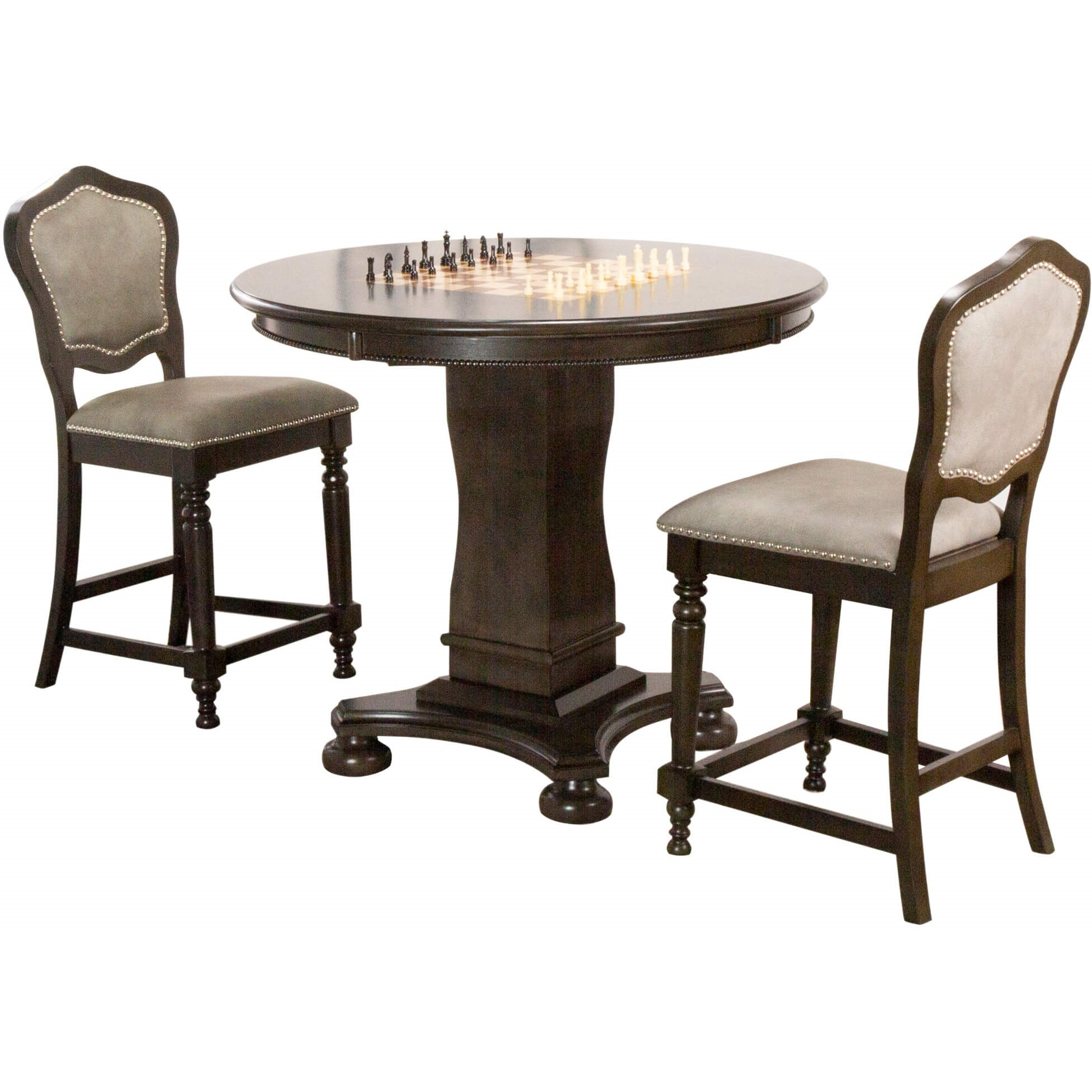 Sunset Trading Vegas 3 Piece 42.5" Round Counter Height Dining, Chess and Poker Table Set | Reversible 3 in 1 Game Top | Distressed Gray Wood | Upholstered Stools with Nailheads